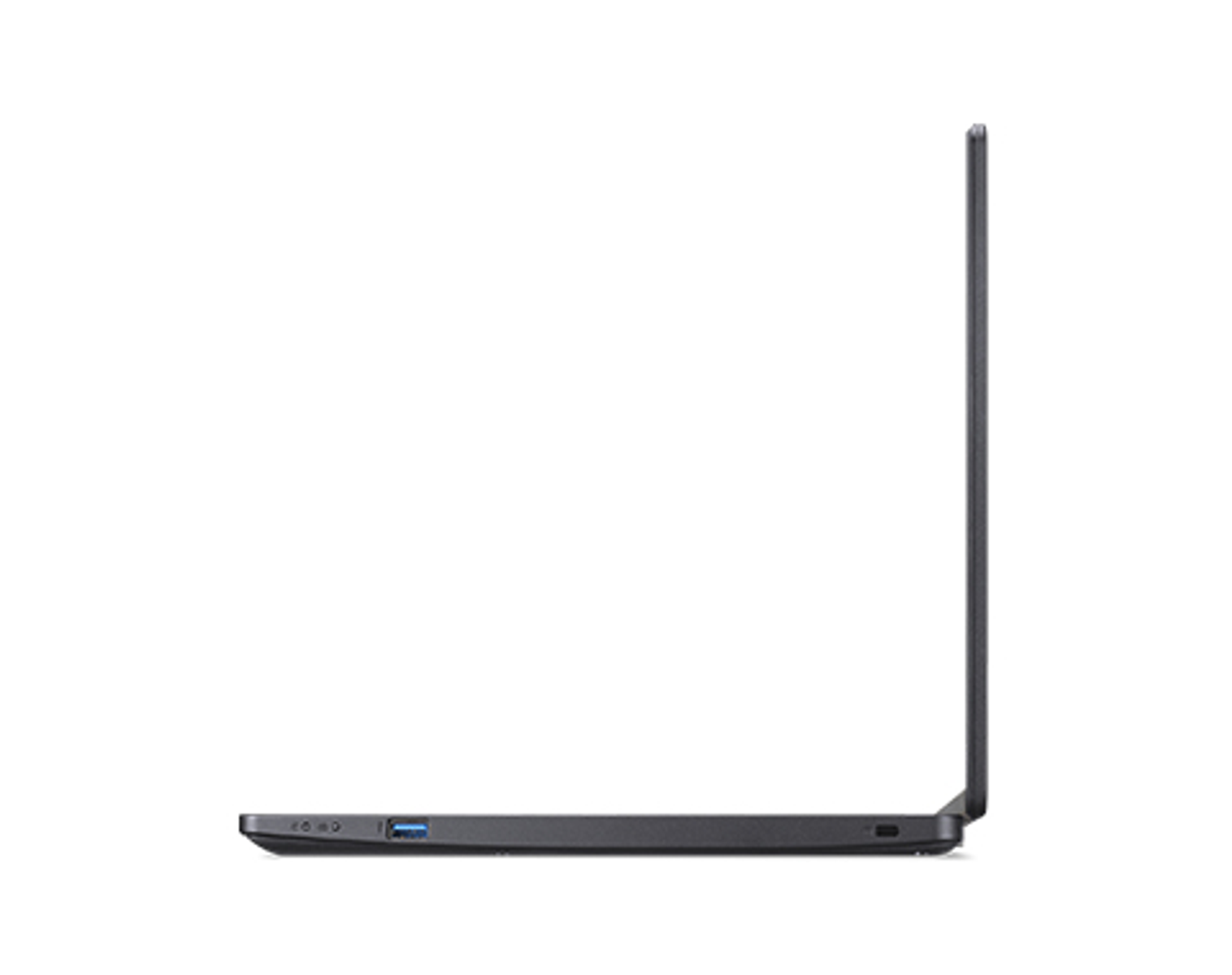 Laptop nero, vista laterale, chiuso. Design semplice con porte visibili. Sfondo bianco.