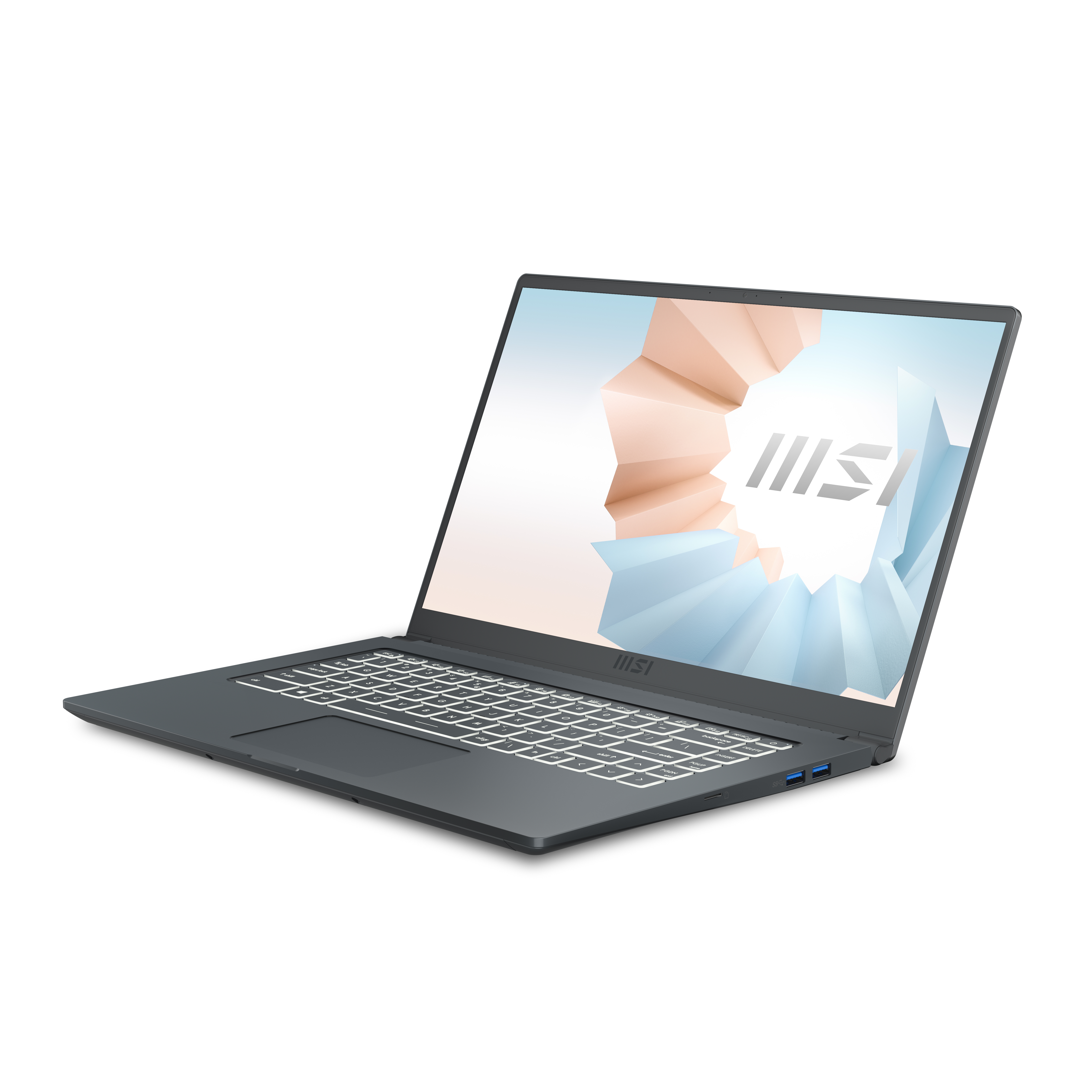 Laptop grigio scuro con schermo aperto, che mostra un design geometrico. Sfondo bianco.