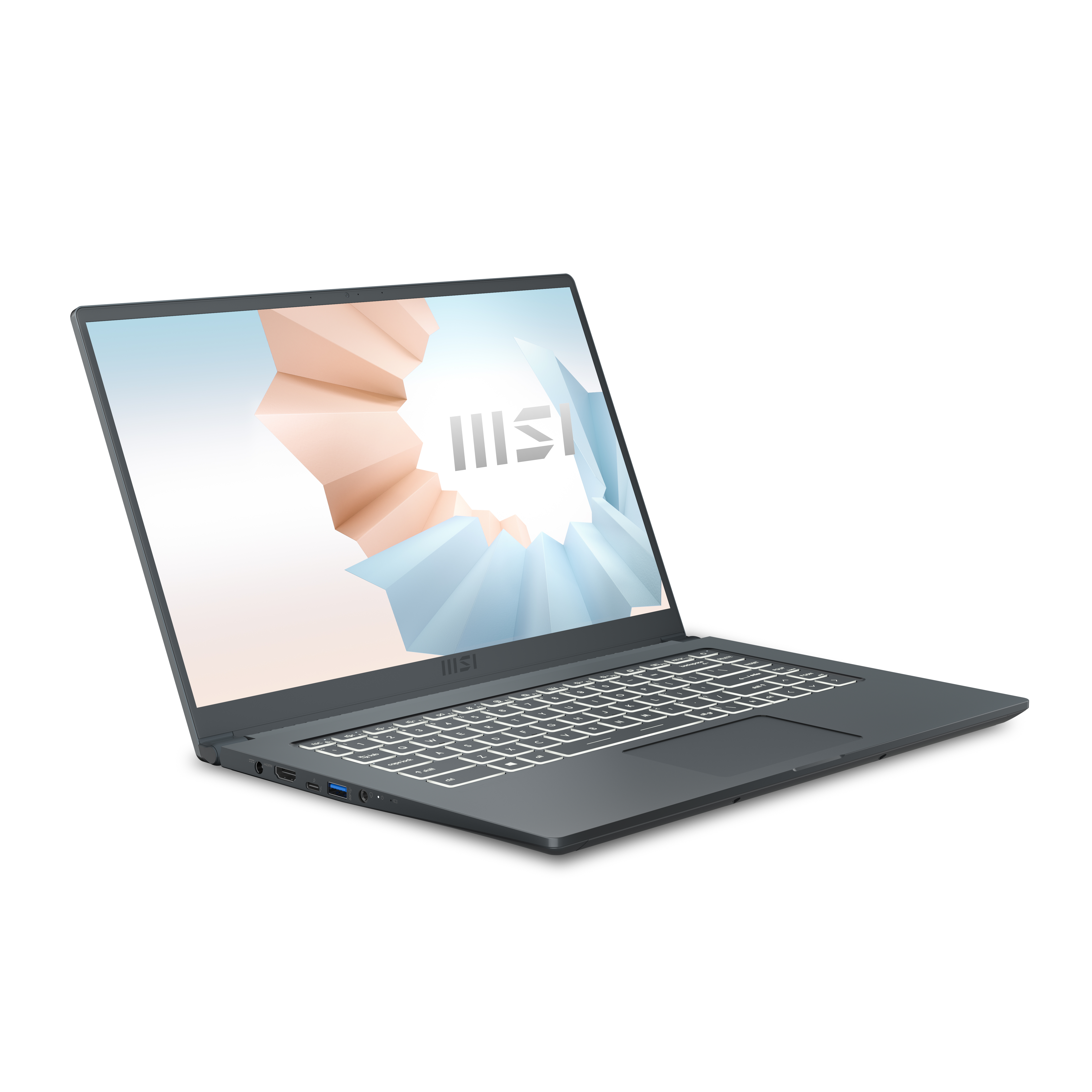 Un laptop grigio scuro con uno schermo luminoso, che mostra un logo. È su una superficie bianca.
