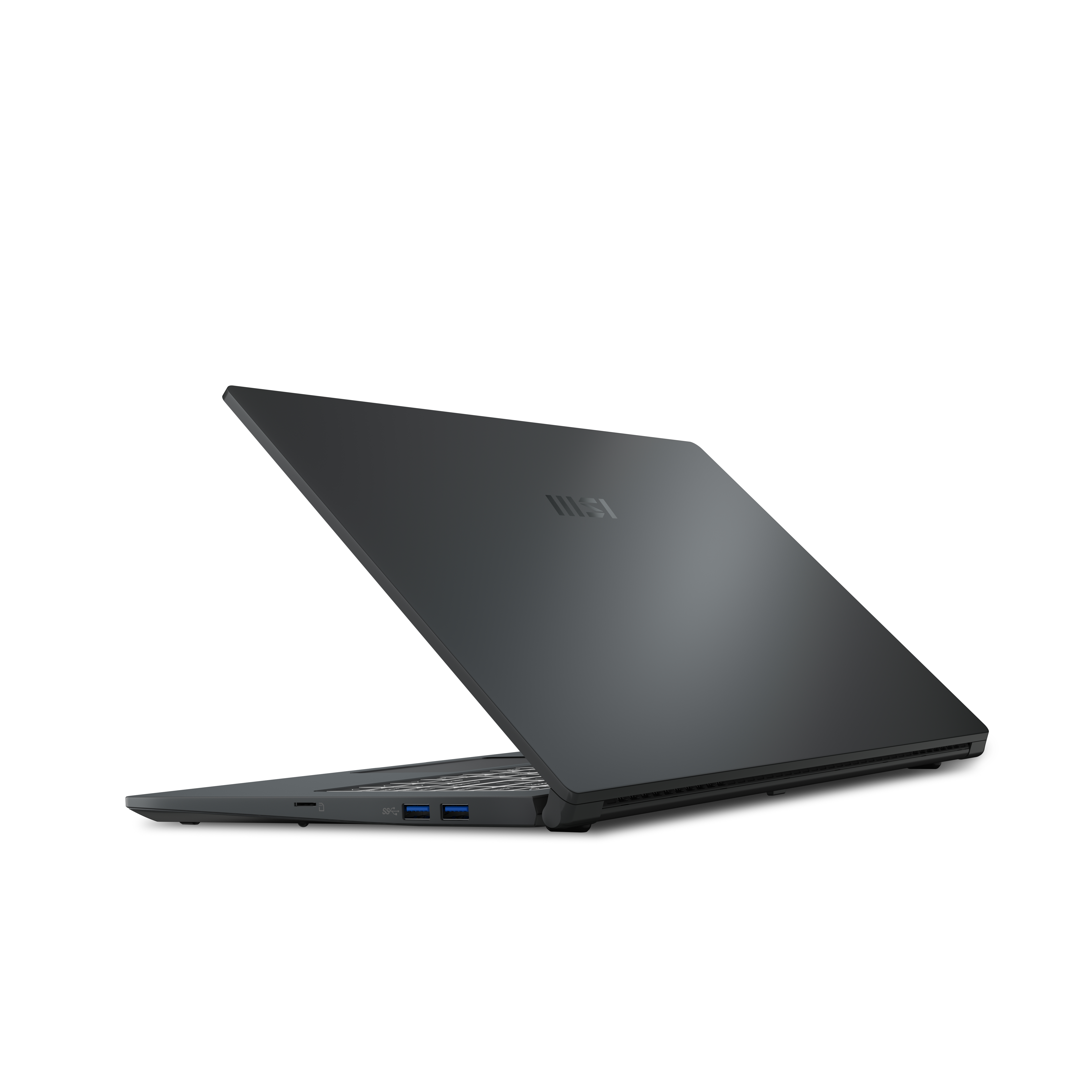 Un laptop grigio scuro da una vista posteriore angolata. Il coperchio è aperto, rivelando una tastiera e il logo MSI sullo schermo.