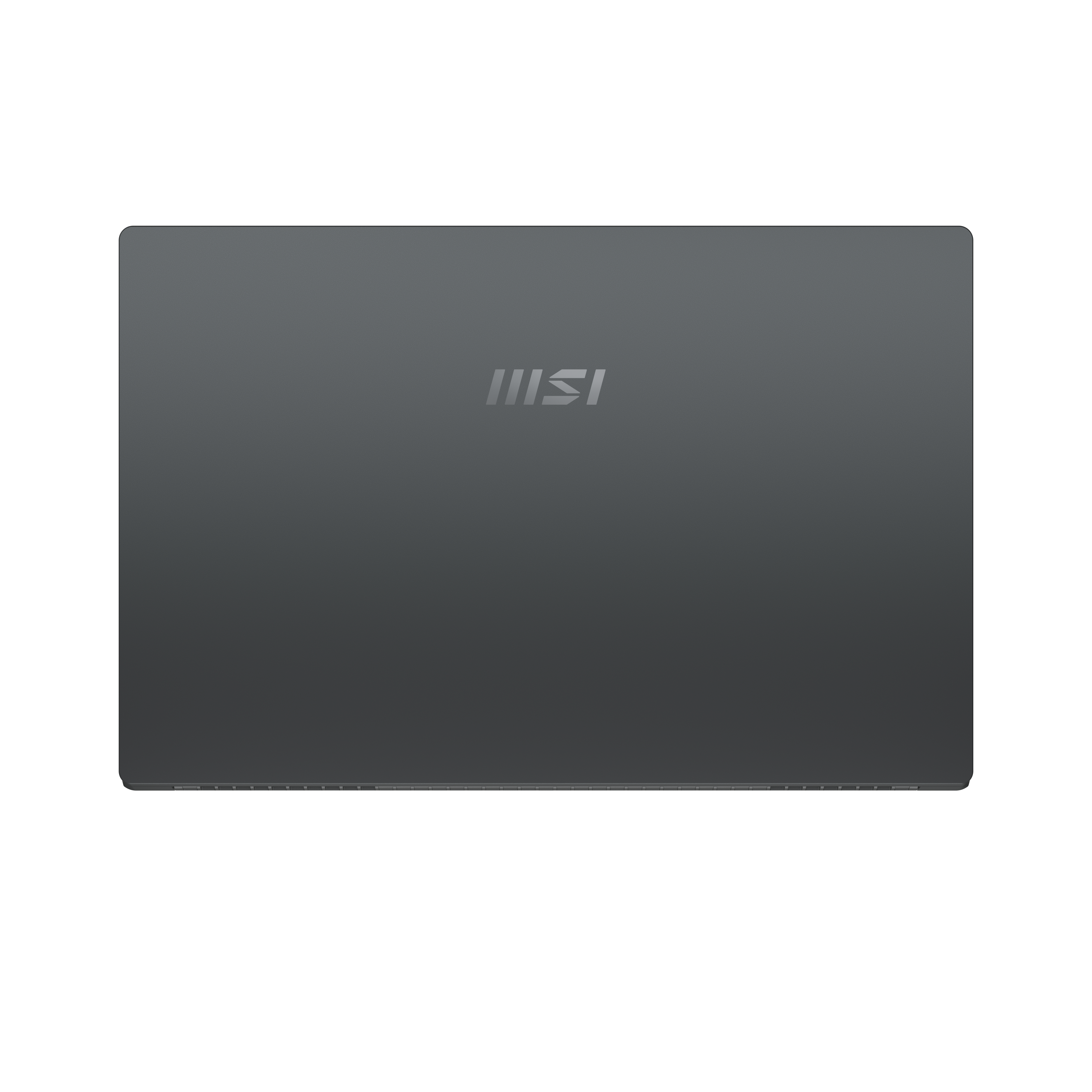 Laptop grigio scuro con logo MSI in alto, chiuso e su sfondo bianco.