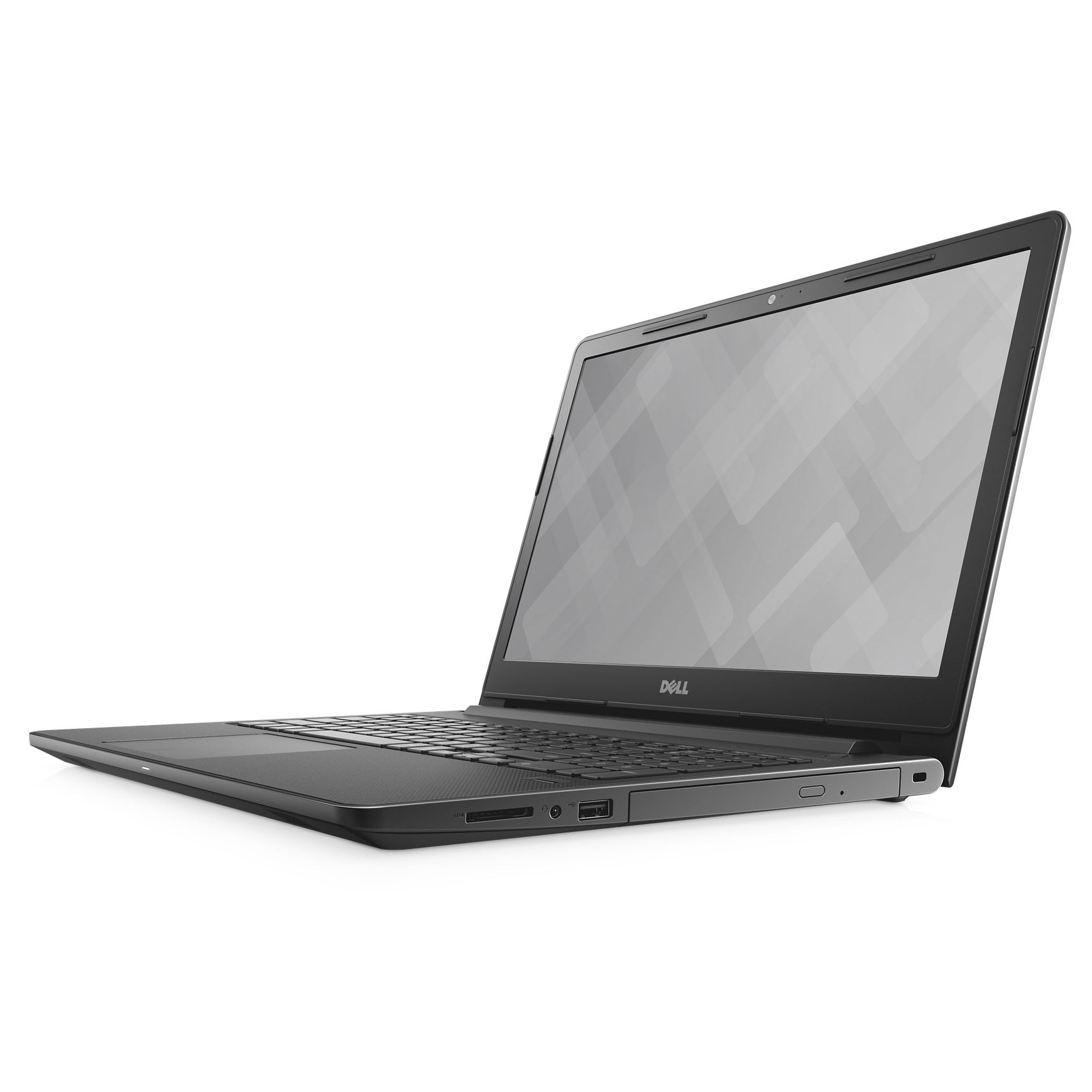 Laptop nero, aperto, vista angolata, su sfondo bianco.