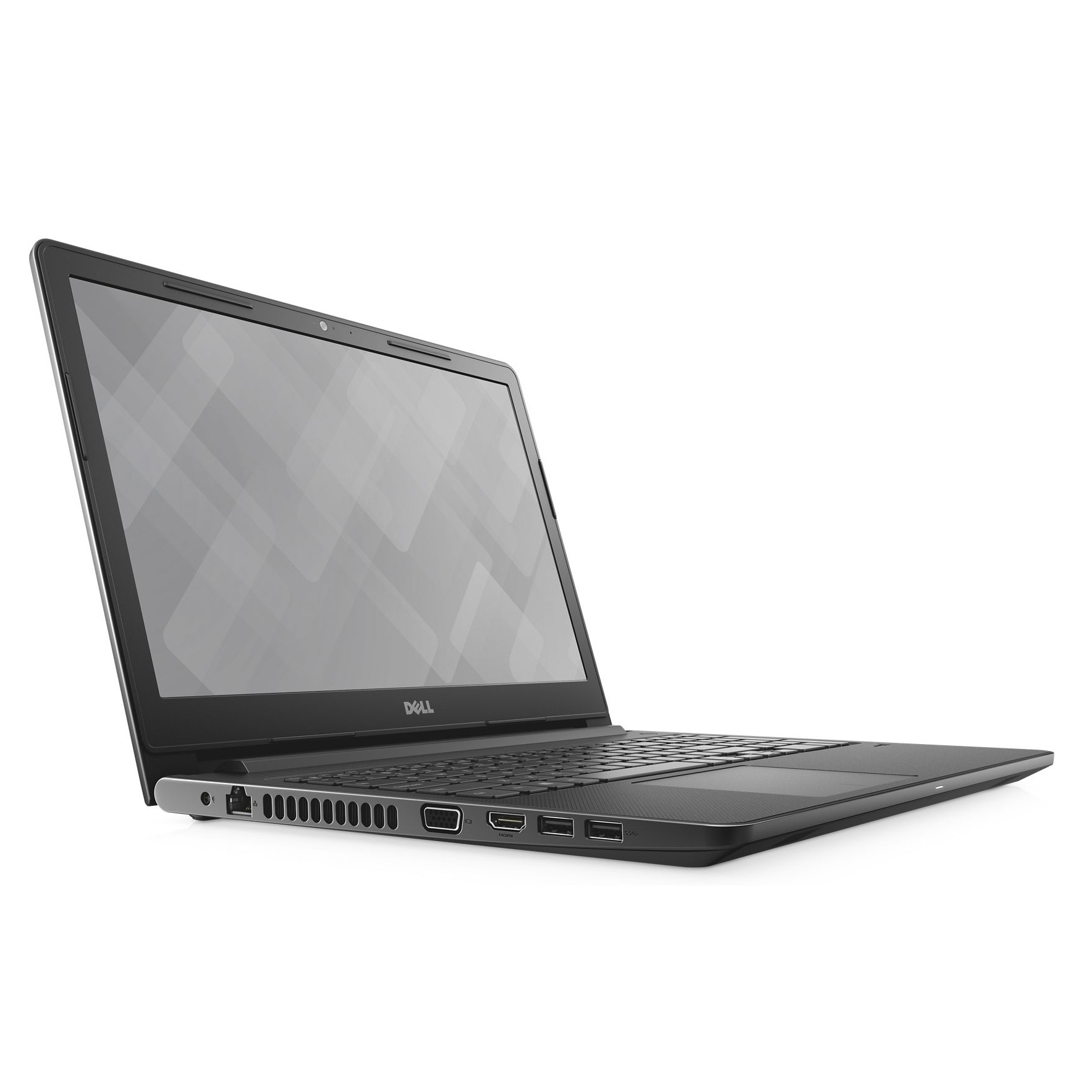 Laptop nero, aperto ad angolo. Schermo vuoto, tastiera visibile. Sfondo bianco.