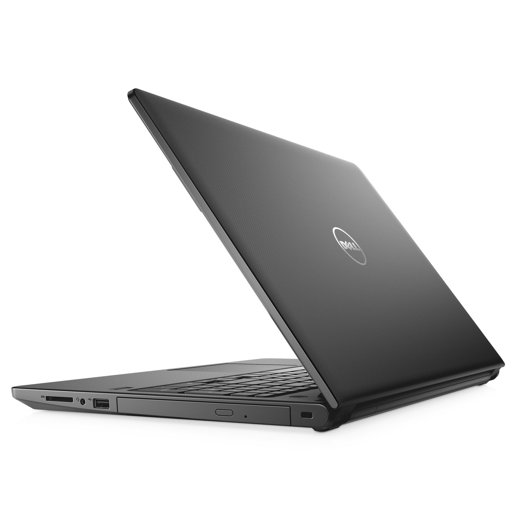 Laptop nero, logo Dell sul coperchio, vista angolata su sfondo bianco.