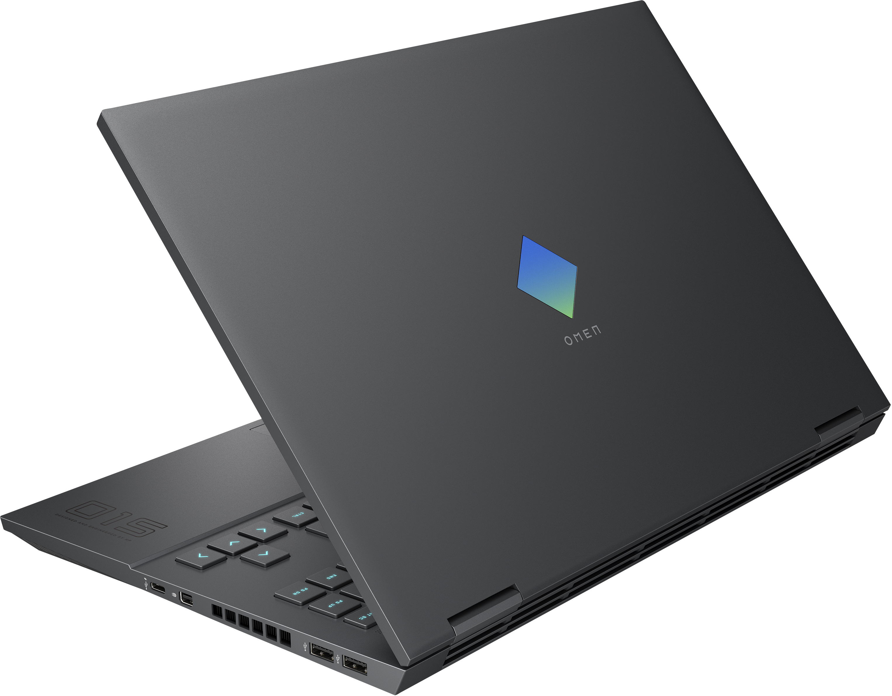Laptop nero con logo OMEN sul retro, aperto e angolato.