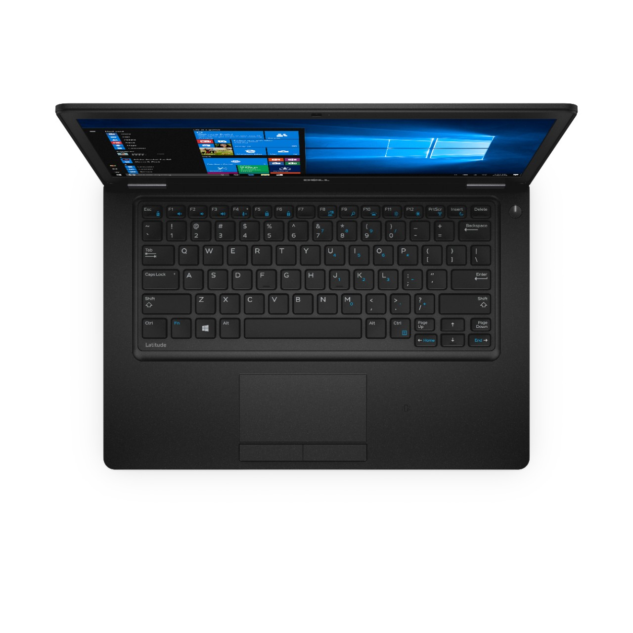 Laptop nero aperto su superficie bianca. Tastiera e schermo visibili.