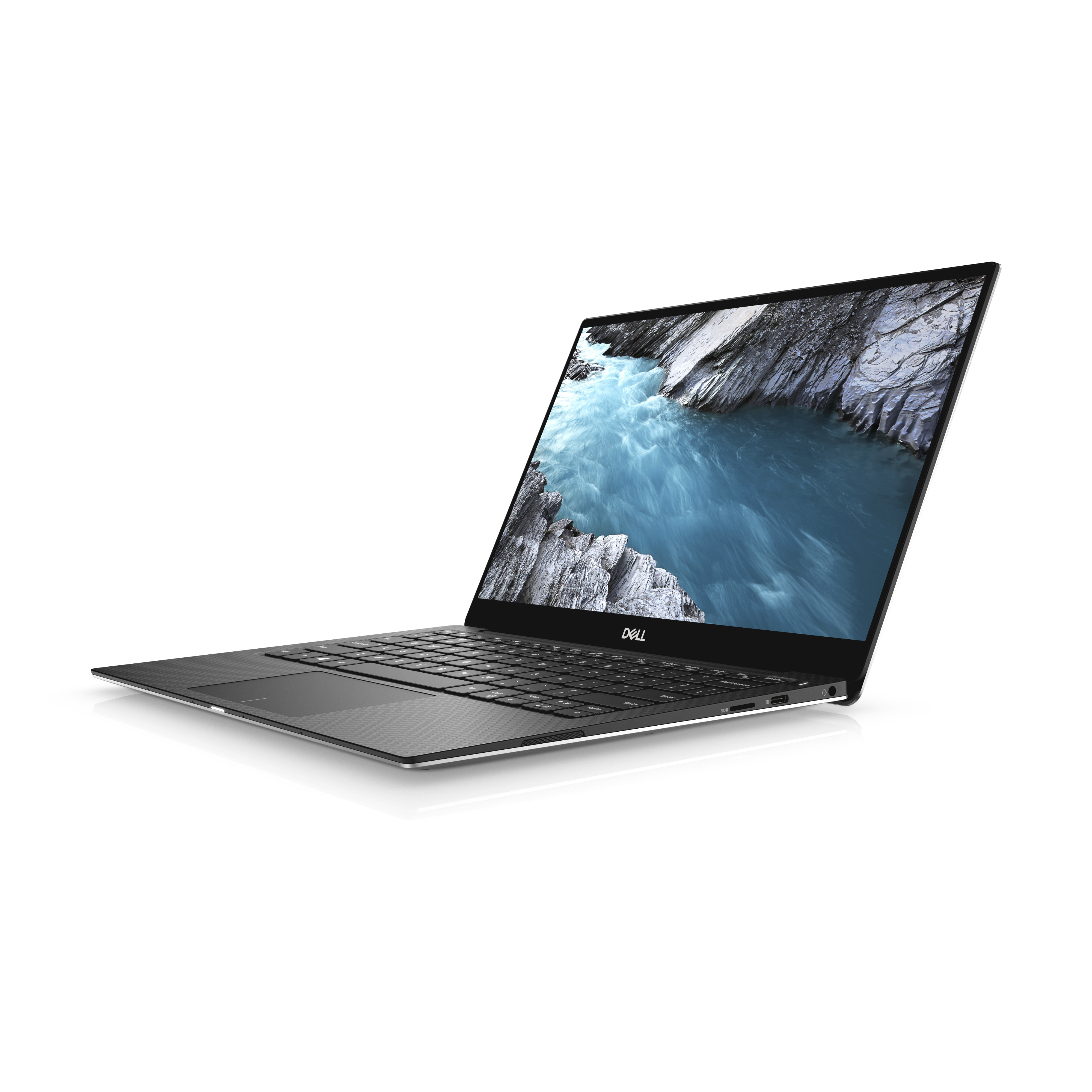 Laptop Dell, vista angolata, sfondo bianco. Lo schermo mostra una vista fluviale.