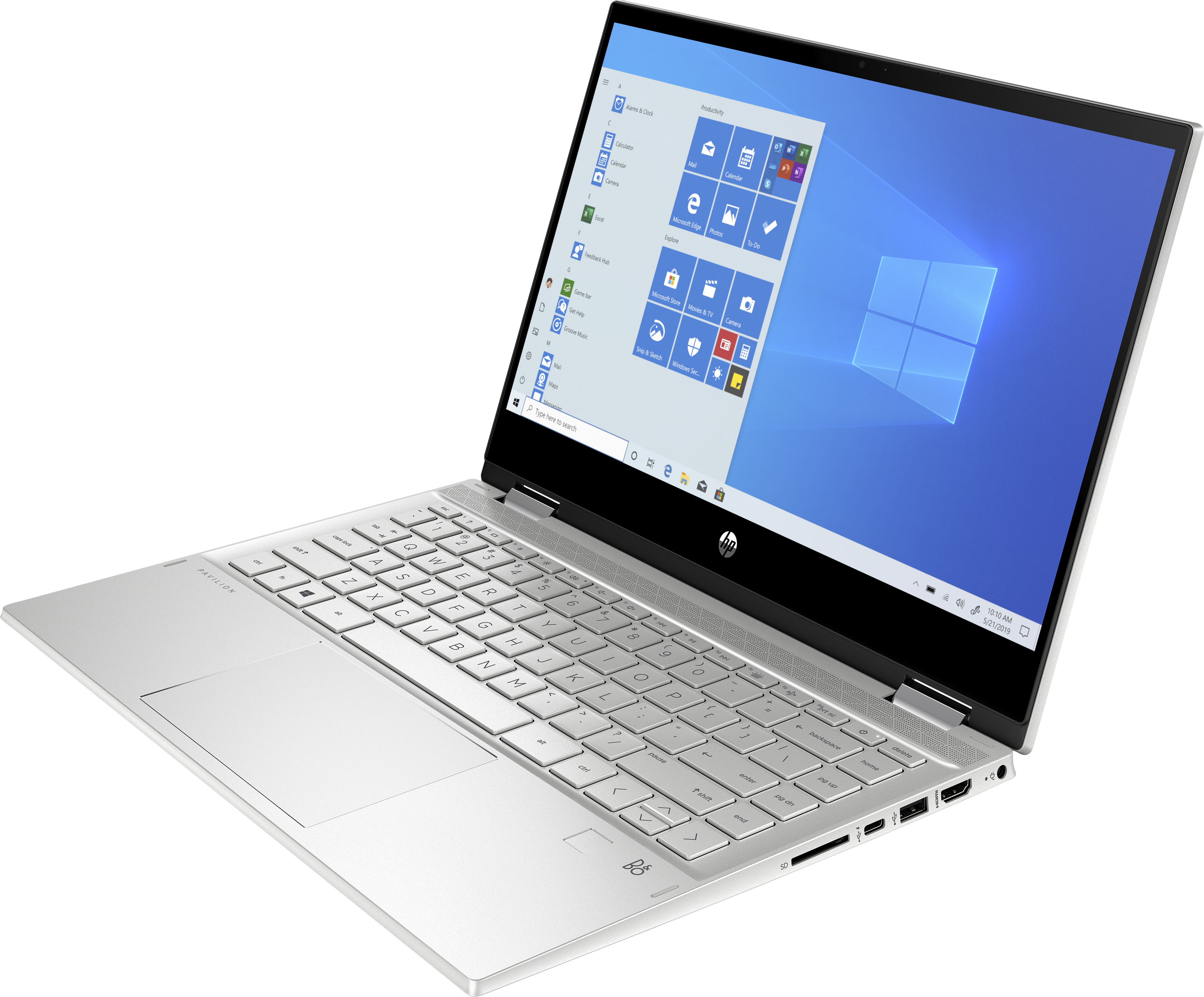 Laptop argentato con schermo bianco, aperto e angolato. Tastiera visibile, con l'icona di Windows sullo schermo.