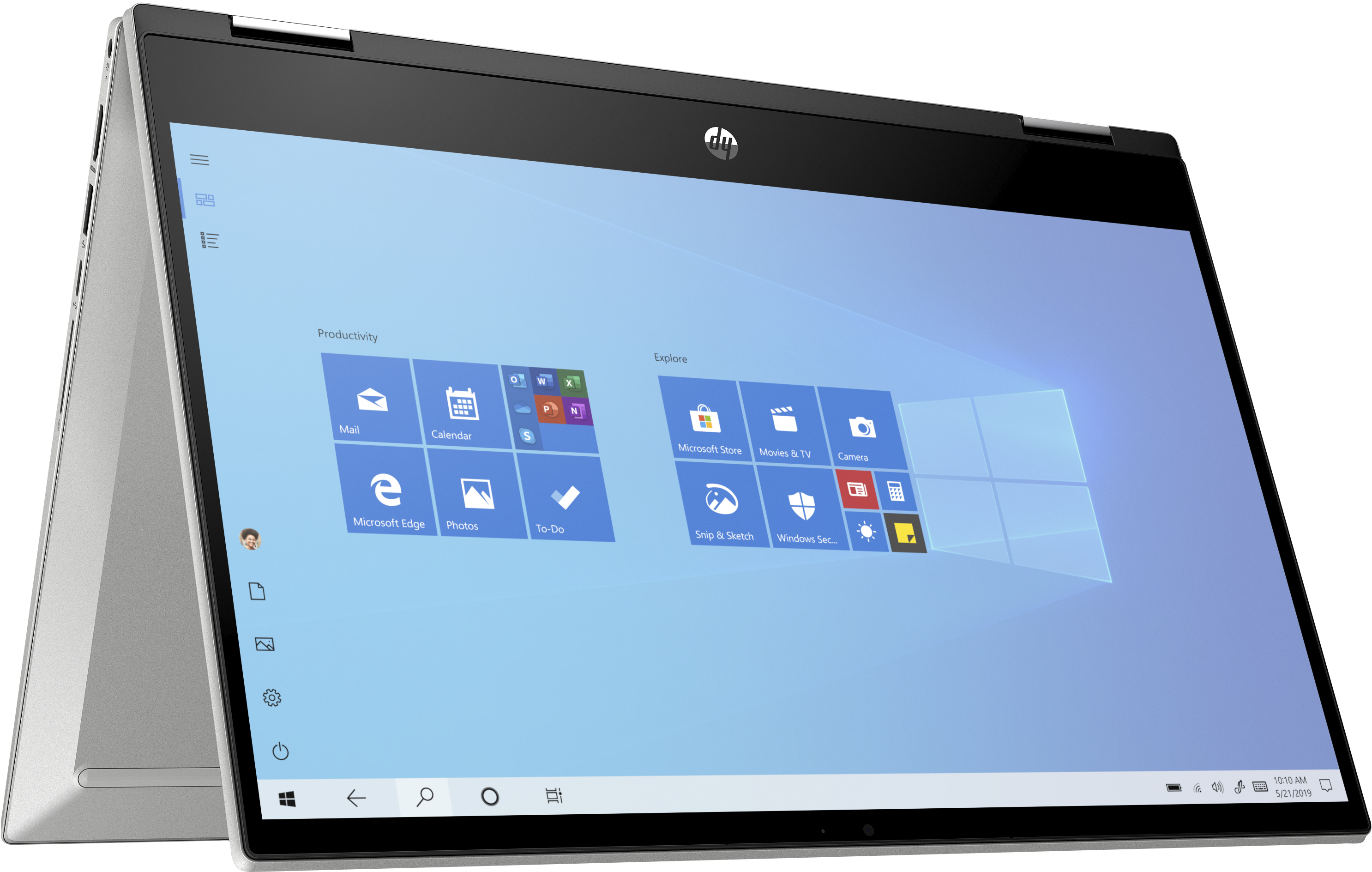 Laptop argentato, schermo che mostra l'interfaccia di Windows. Icone visibili. Parzialmente aperto, angolato.