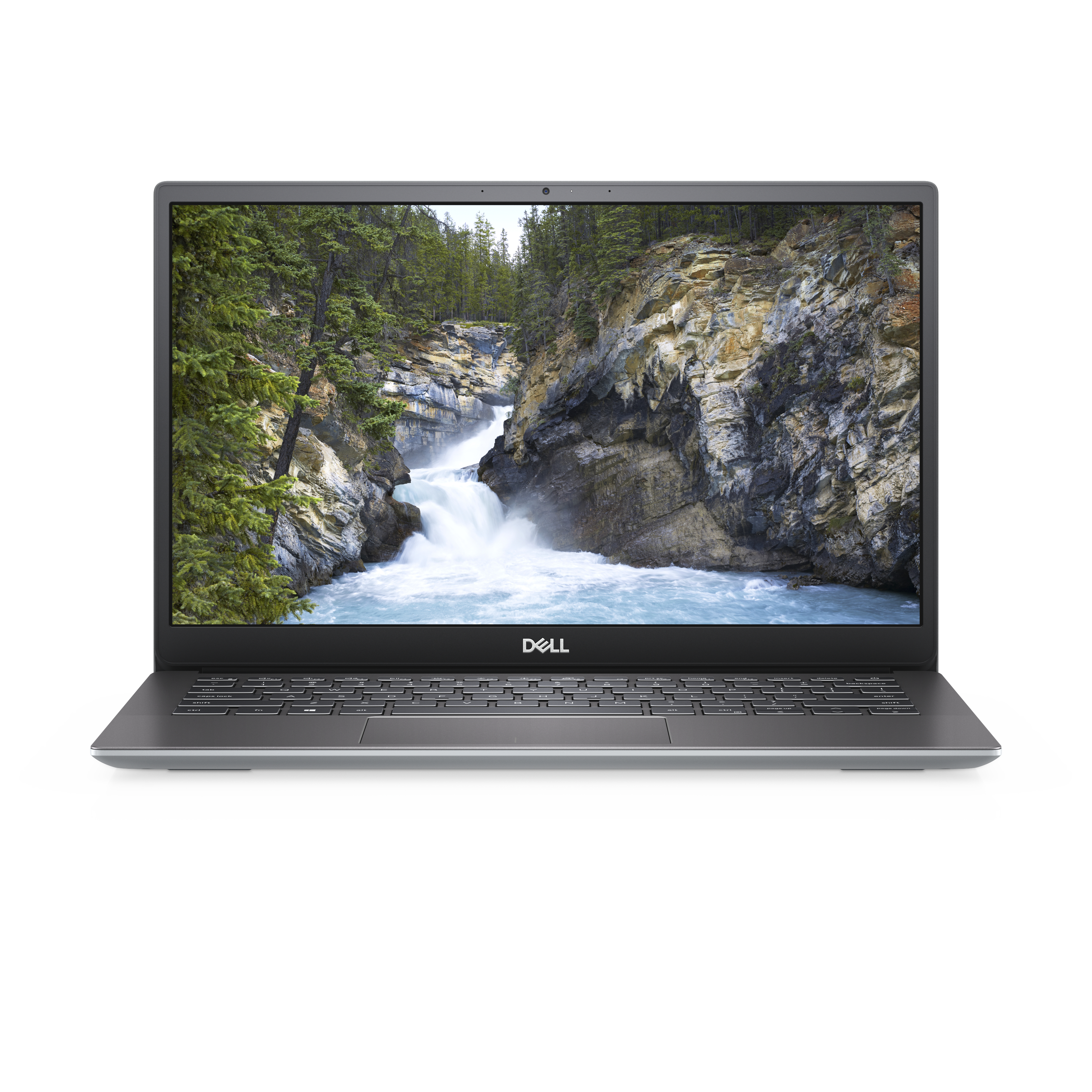 Laptop Dell, vista frontale, sfondo bianco. Lo schermo mostra una cascata.