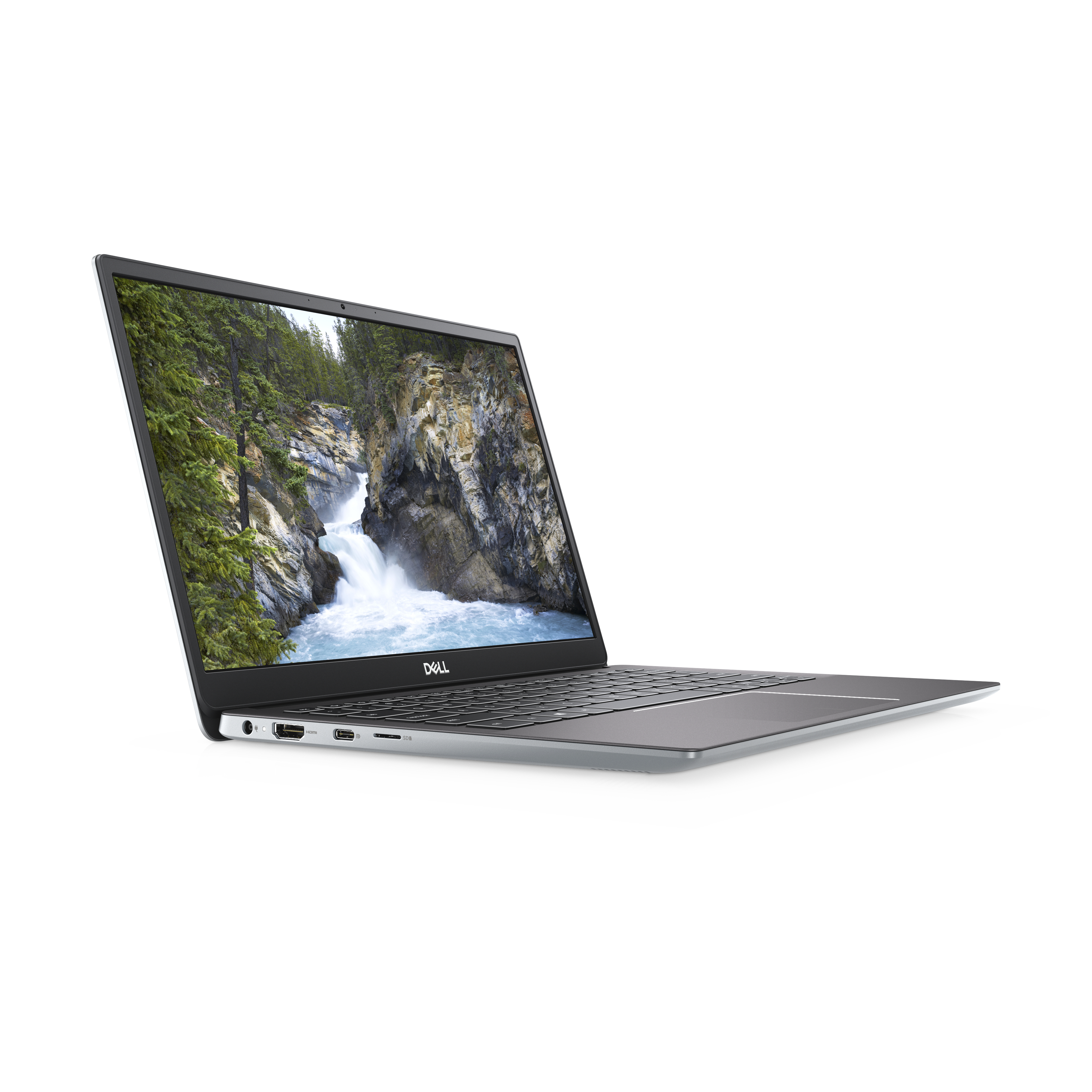 Laptop con scena di cascata, aperto su sfondo bianco, logo Dell.