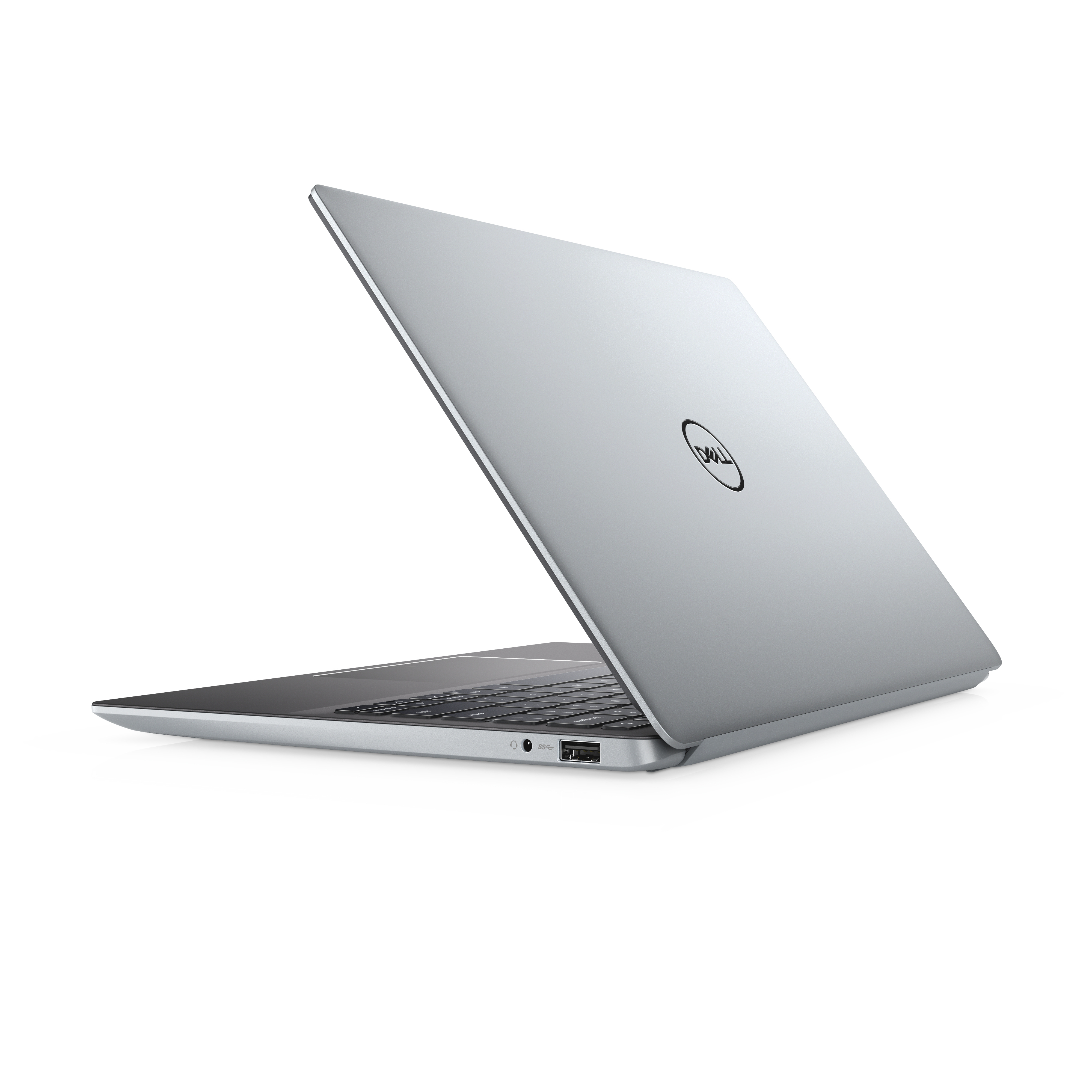 Laptop Dell argentato, parzialmente aperto, con il logo Dell visibile.