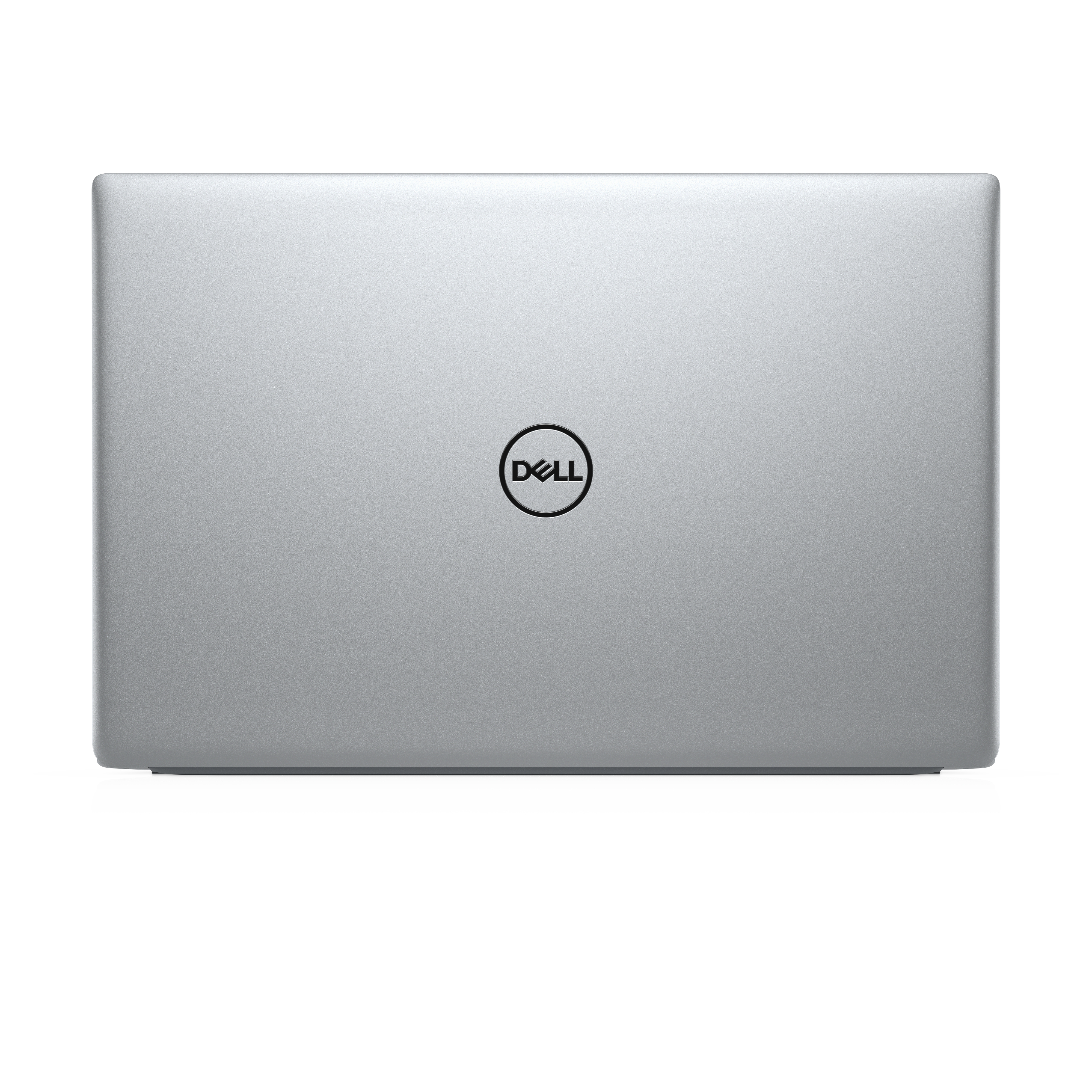 Retro del laptop, colore argento, logo Dell al centro. Design pulito. Sfondo bianco.