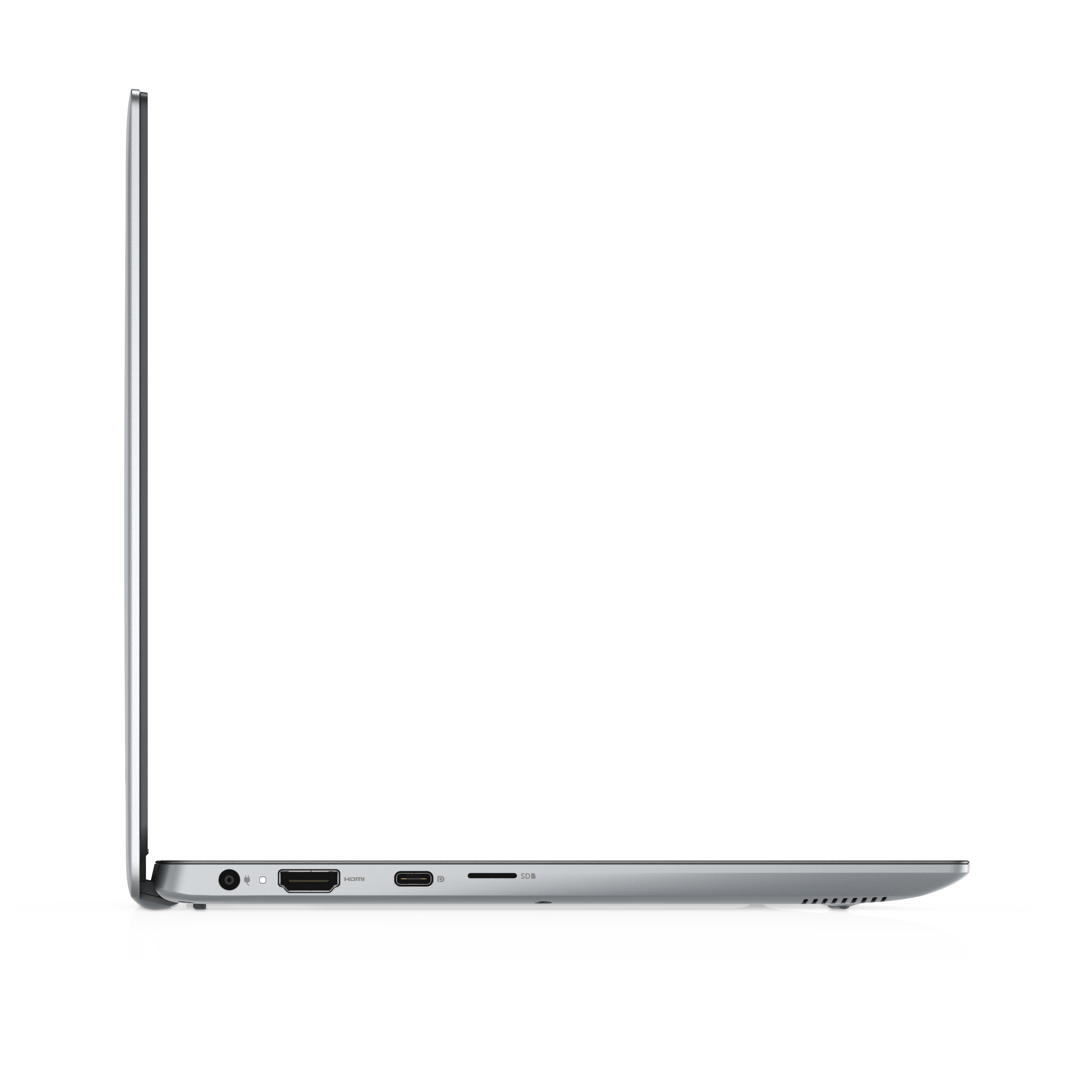 Laptop argentato, vista laterale, chiuso, che mostra le porte, su sfondo bianco.
