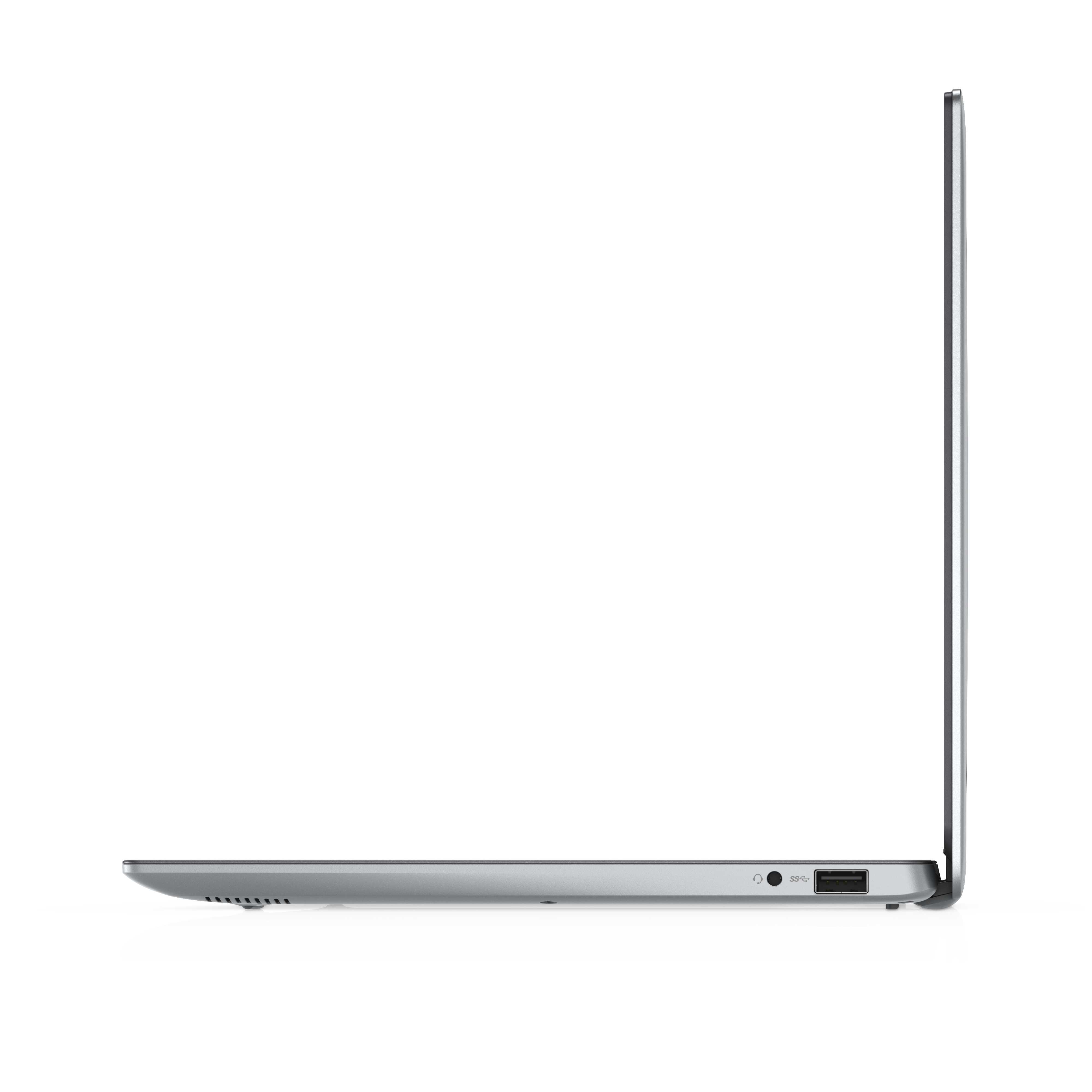 Laptop argentato di lato, chiuso. Porte visibili sul lato. Sfondo bianco.