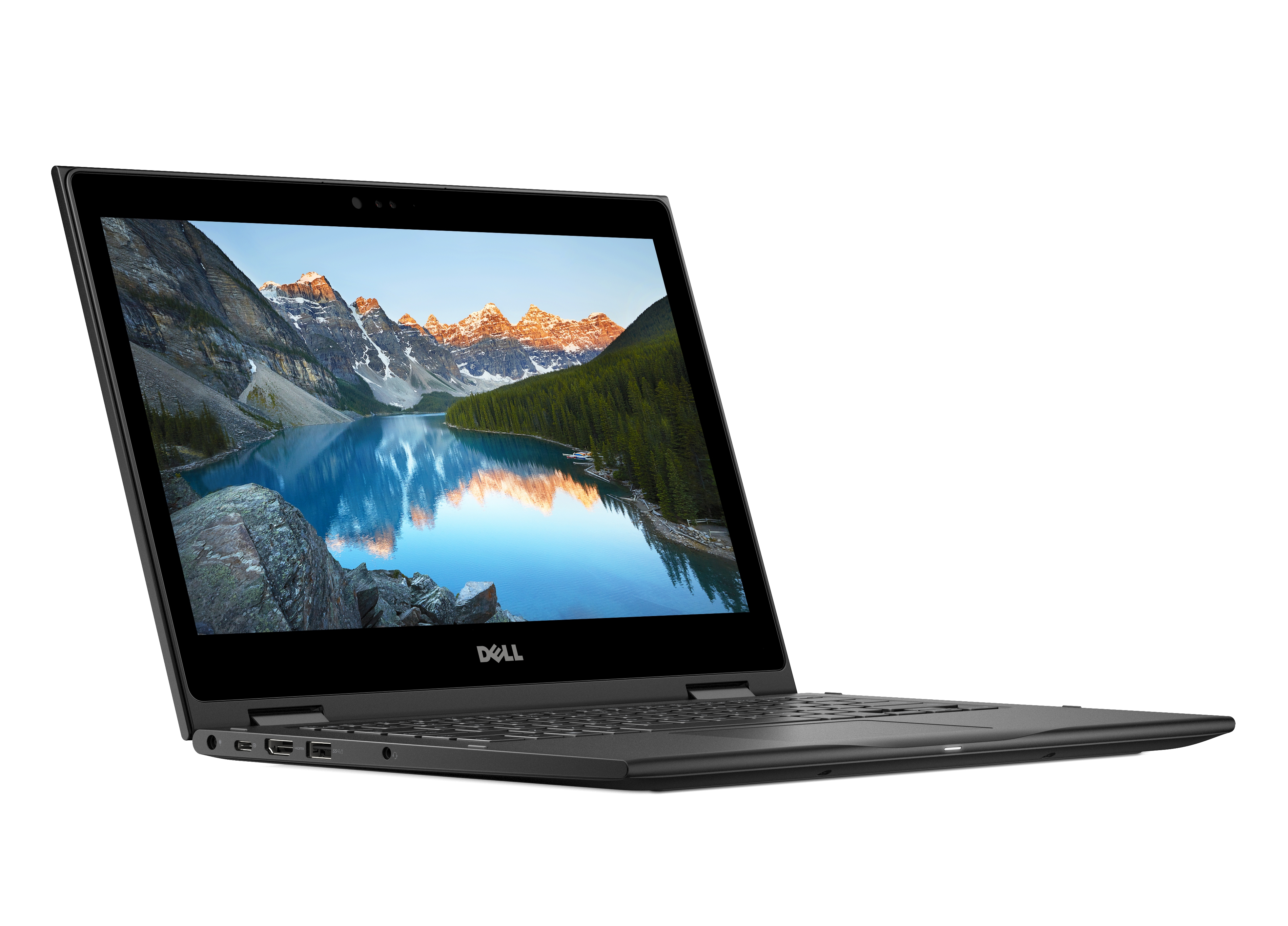 Un laptop nero con lo schermo aperto, che mostra una scena di lago di montagna, su sfondo bianco.