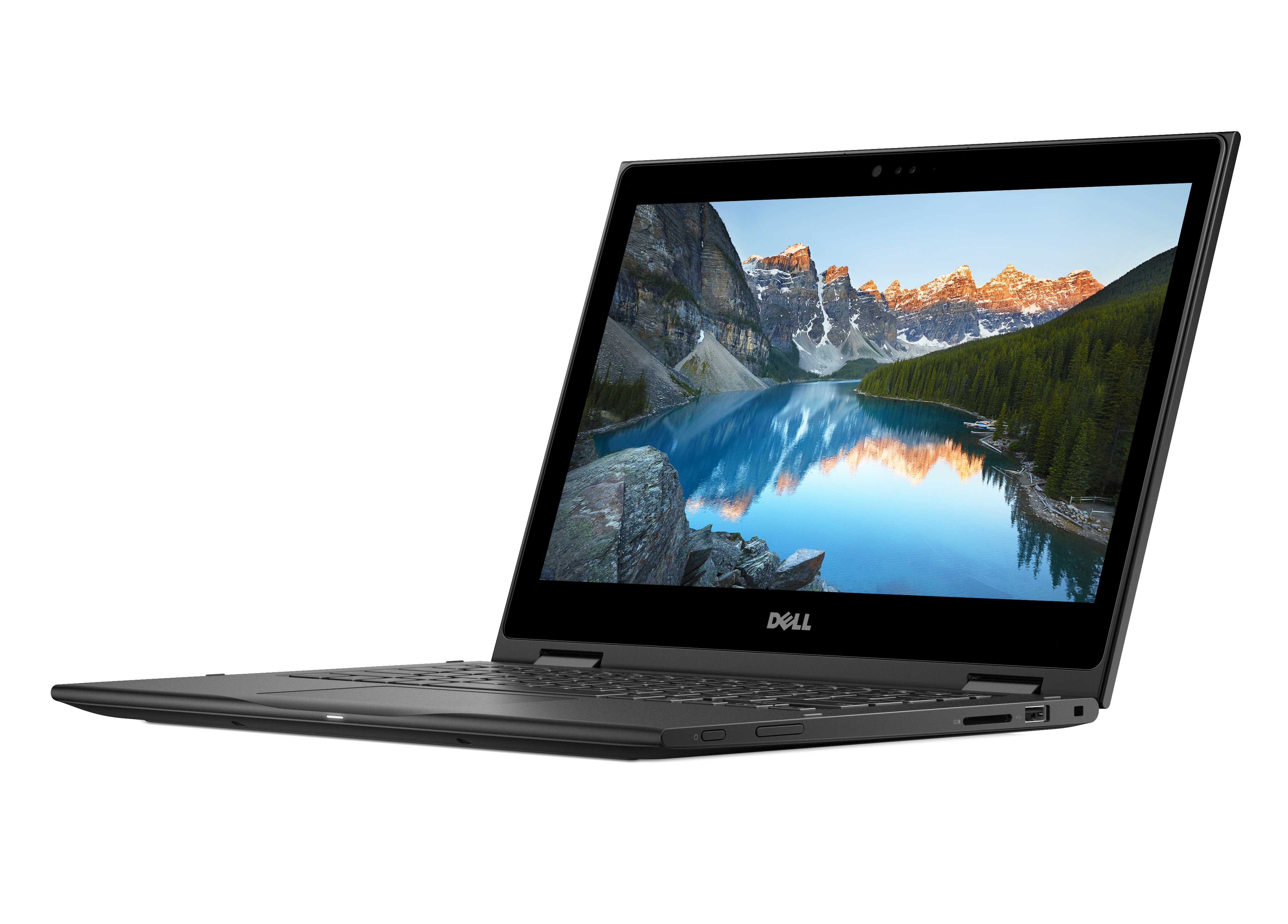 Laptop nero con schermo che mostra una scena di lago di montagna, aperto su sfondo bianco.