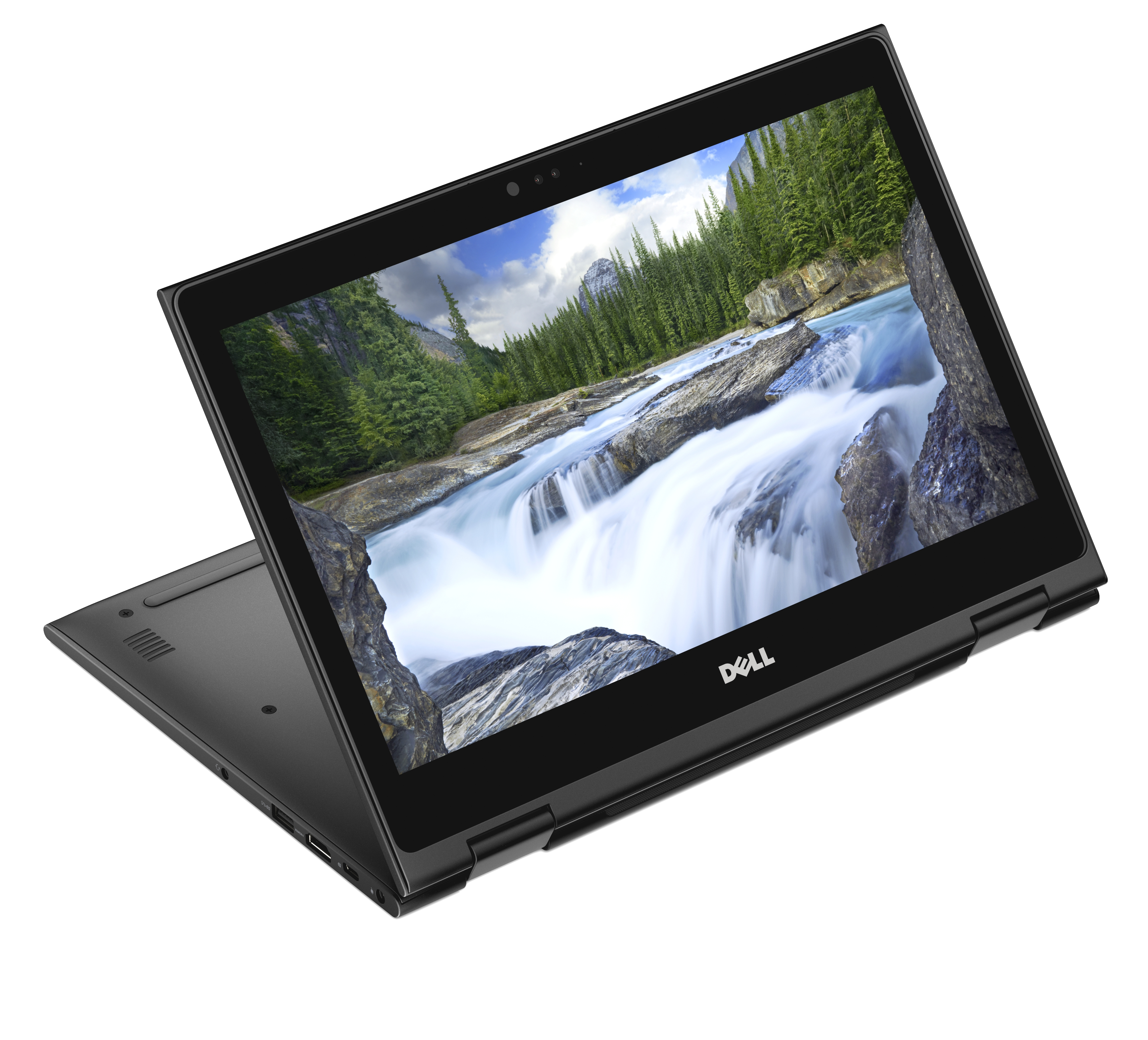 Un laptop Dell nero aperto su una superficie bianca, che mostra una scena di cascata e foresta.