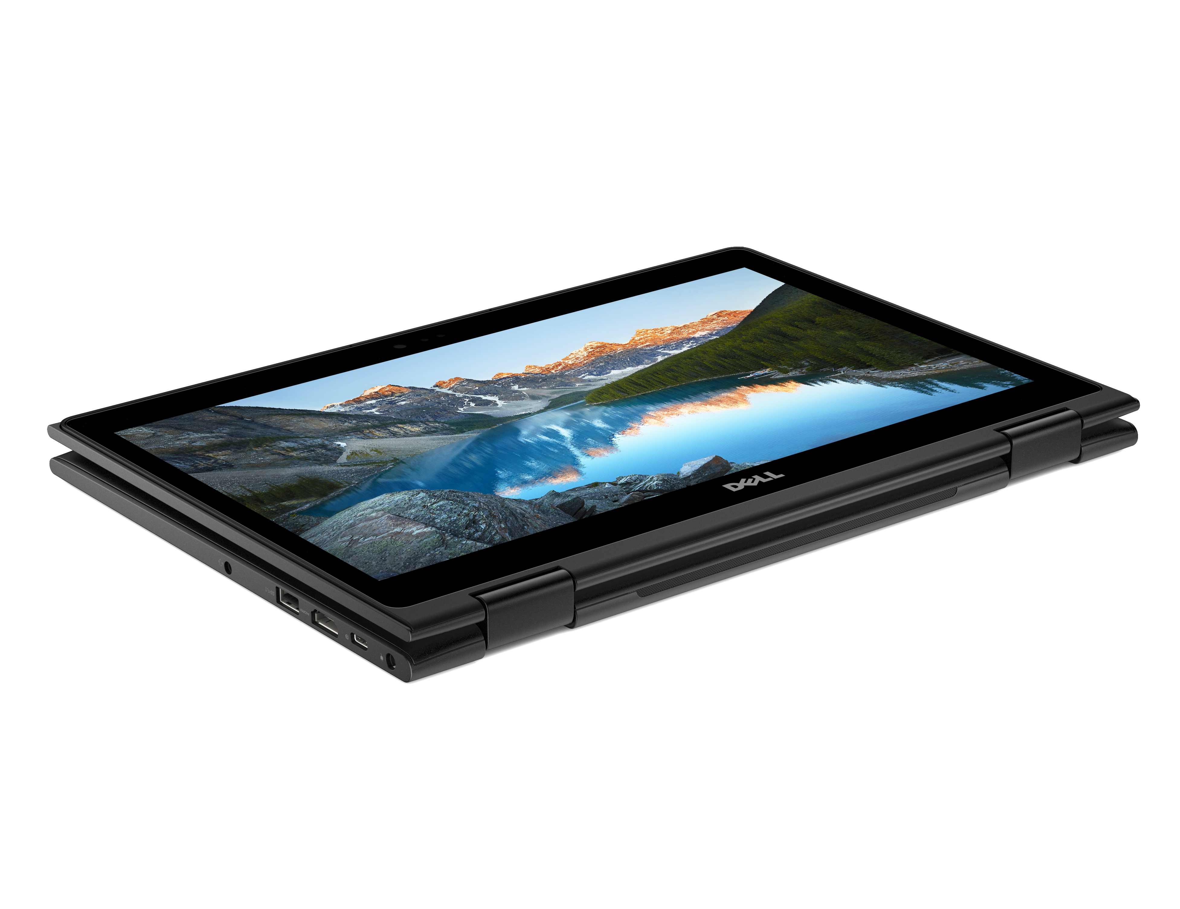 Laptop Dell nero con schermo che mostra un paesaggio montano. È parzialmente aperto su una superficie bianca.