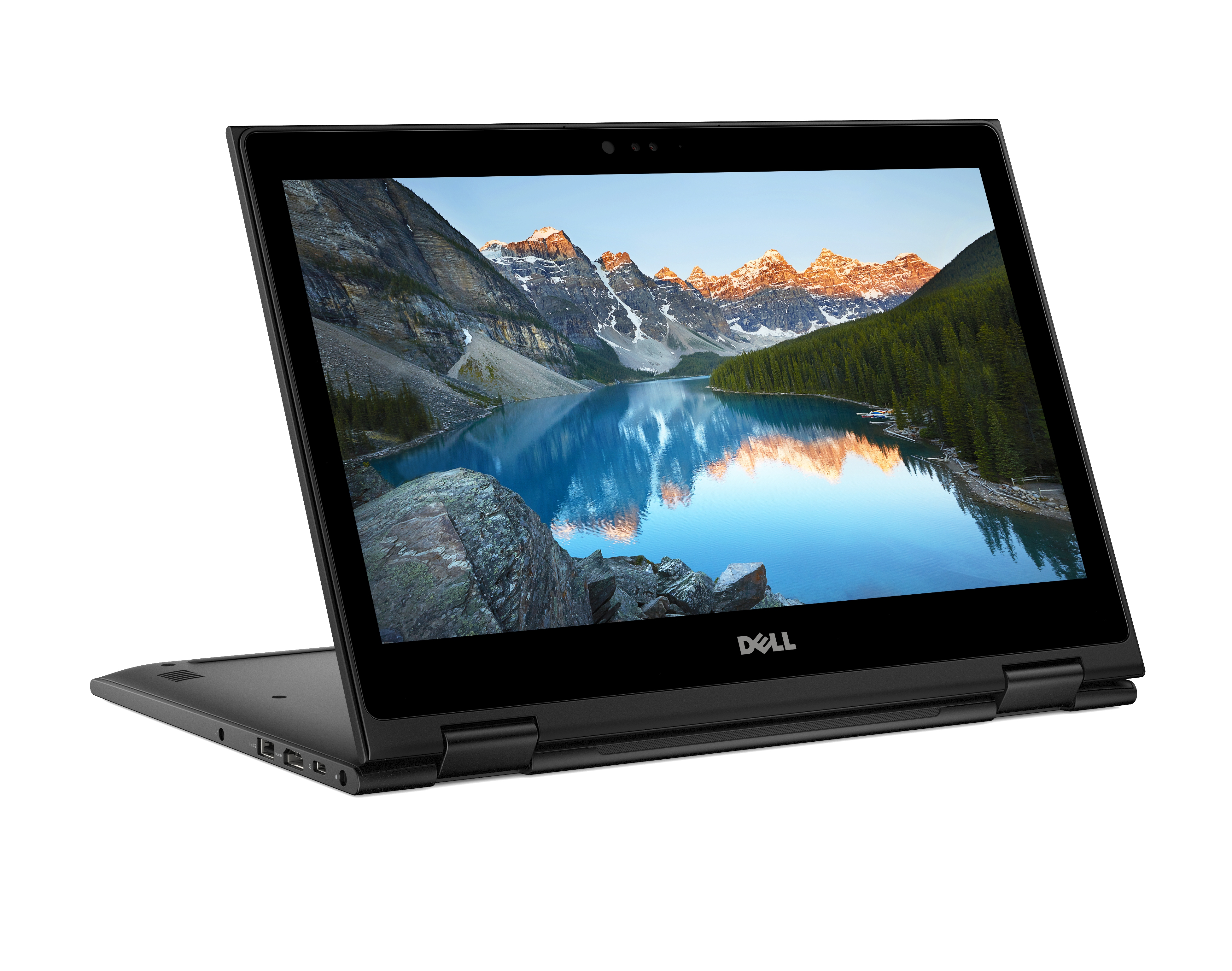 Laptop nero con schermo aperto, che mostra un lago e montagne.