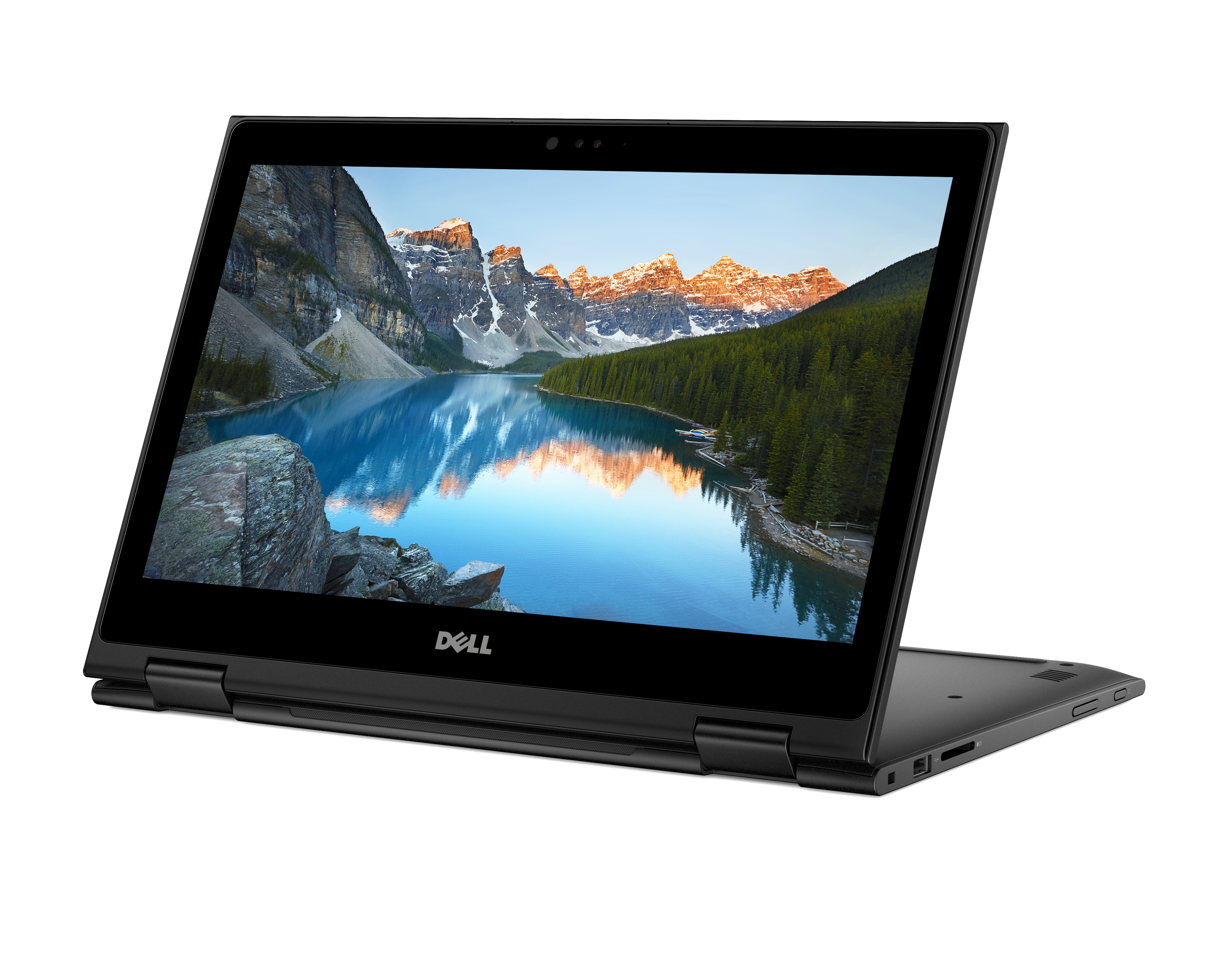 Laptop Dell nero, schermo mostra scena di lago di montagna. Angolato su bianco.