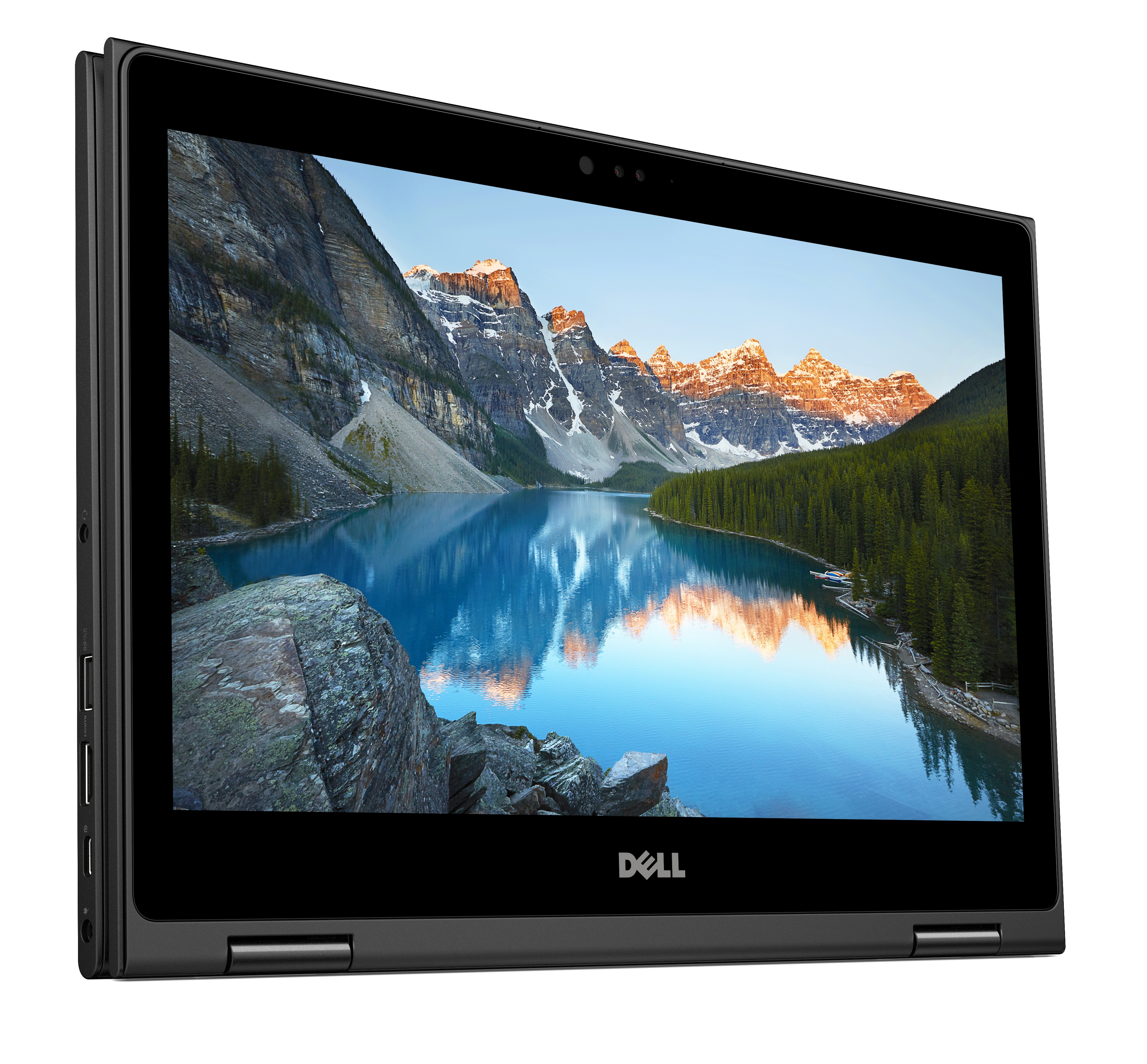 Laptop nero, schermo che mostra un paesaggio di lago di montagna. Vista angolata, aperto.