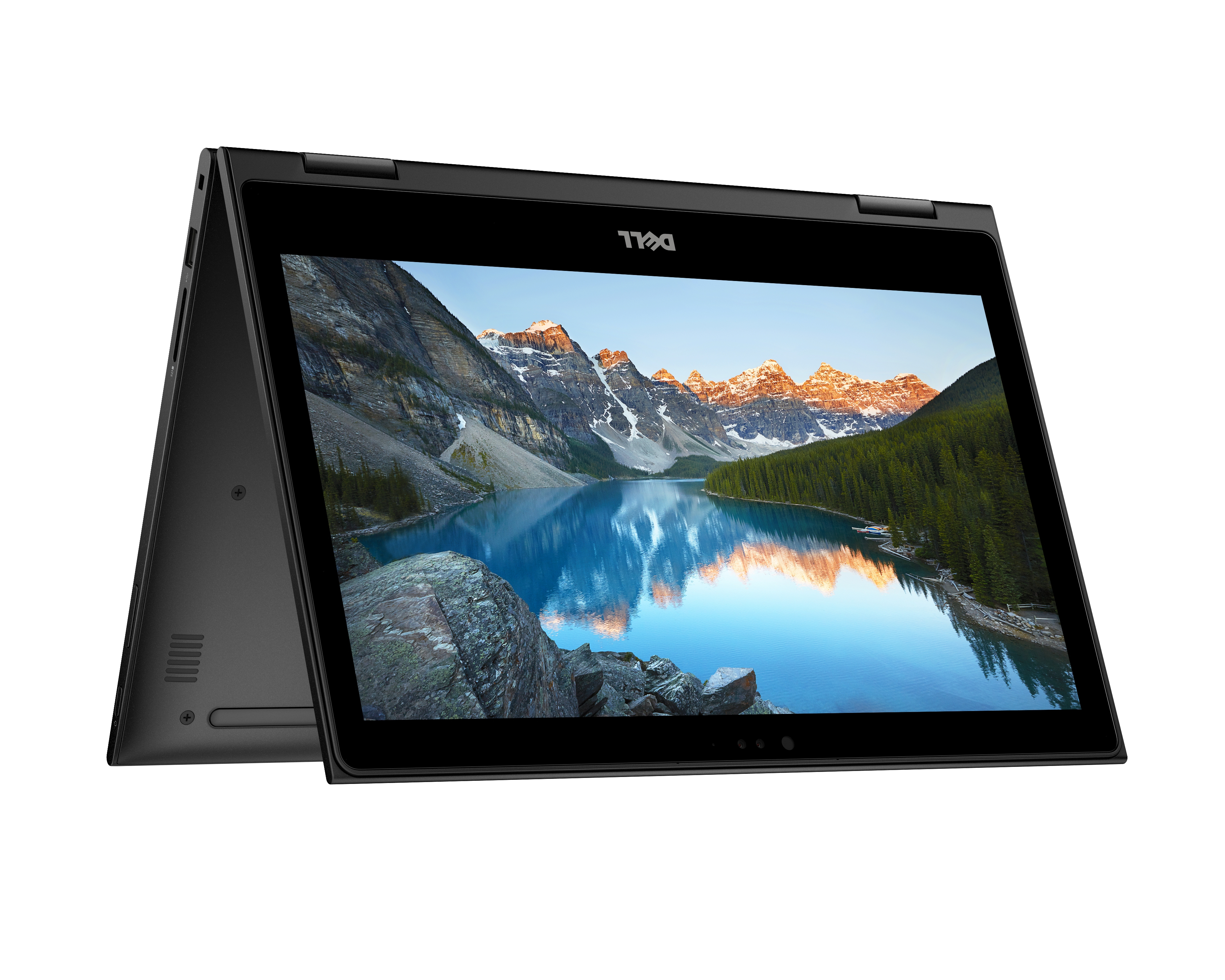 Un laptop nero con schermo che mostra una scena di lago montano. Lo schermo è aperto.