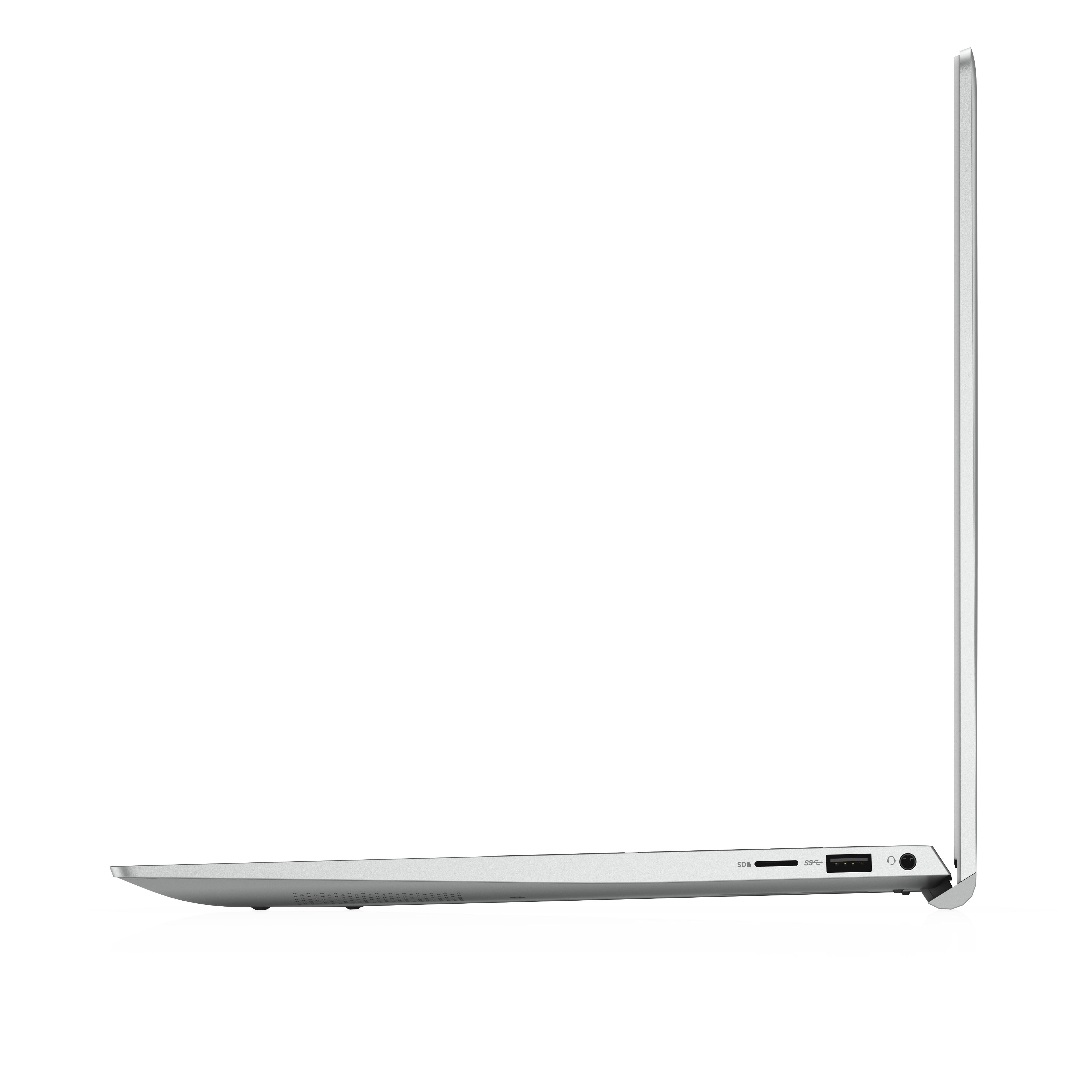 Vista laterale di un laptop argento, che mostra porte e un coperchio chiuso. Sfondo bianco.
