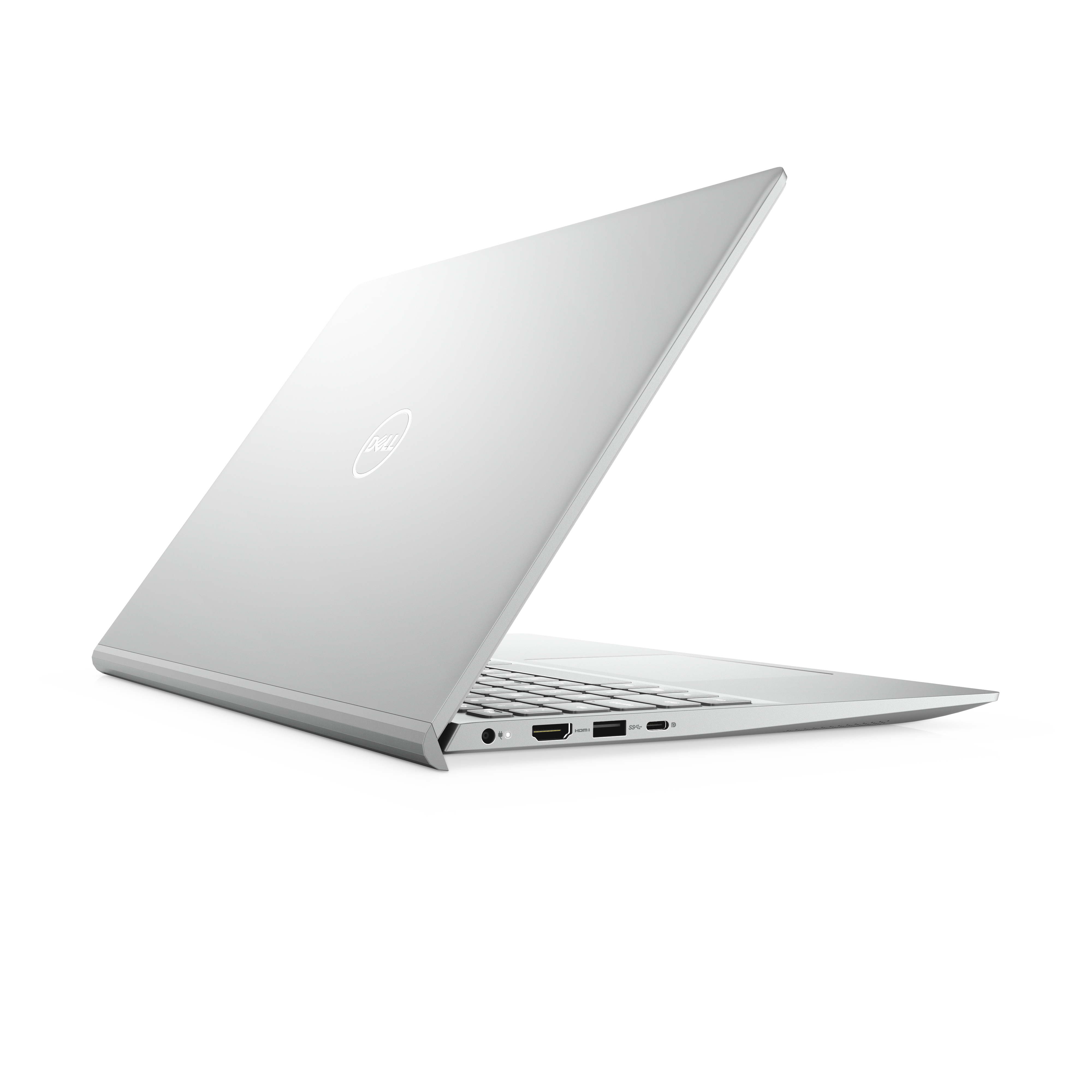 Laptop Dell argento, aperto, vista angolata. Mostra tastiera e schermo.