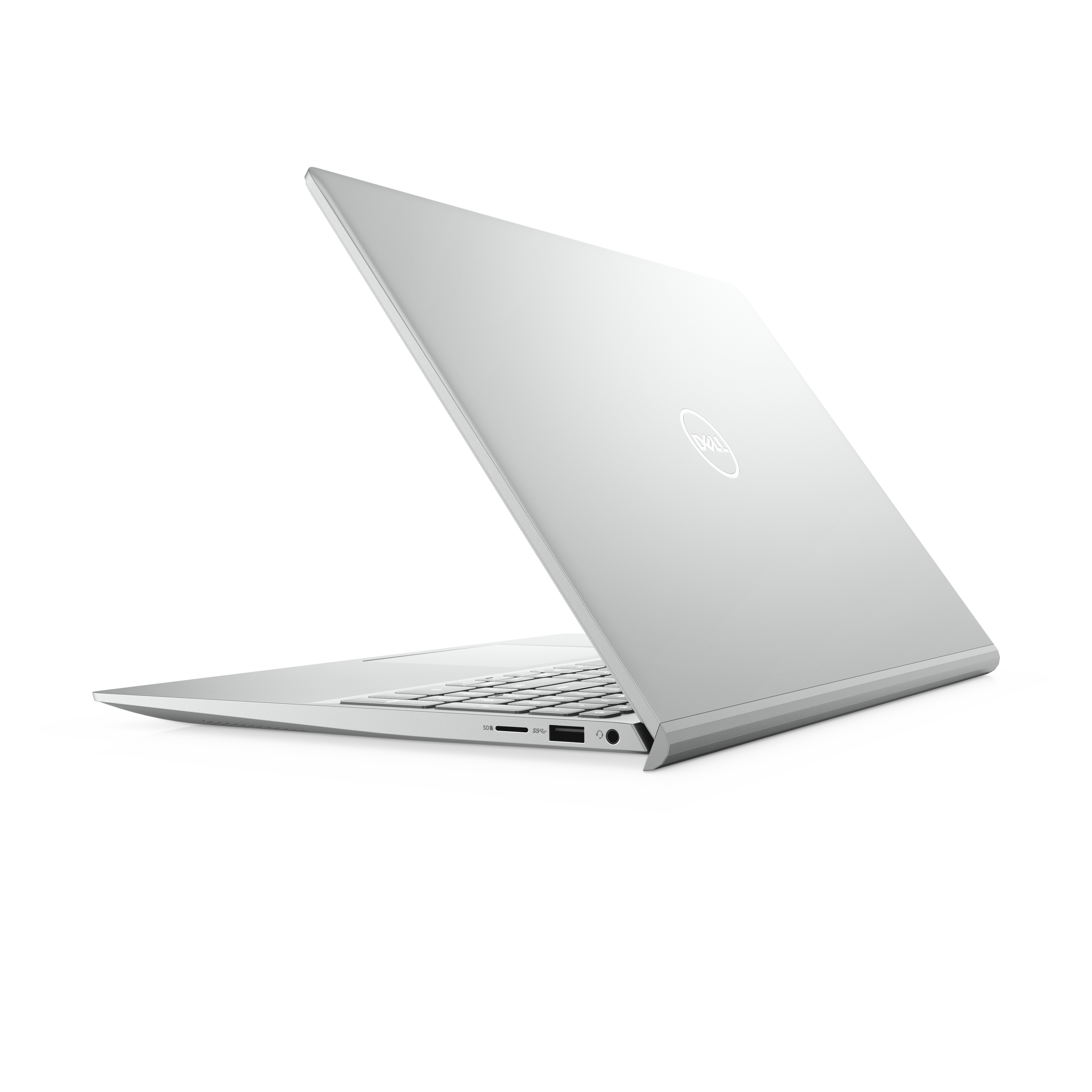 Un laptop argentato, leggermente aperto, che mostra tastiera e schermo, su sfondo bianco.
