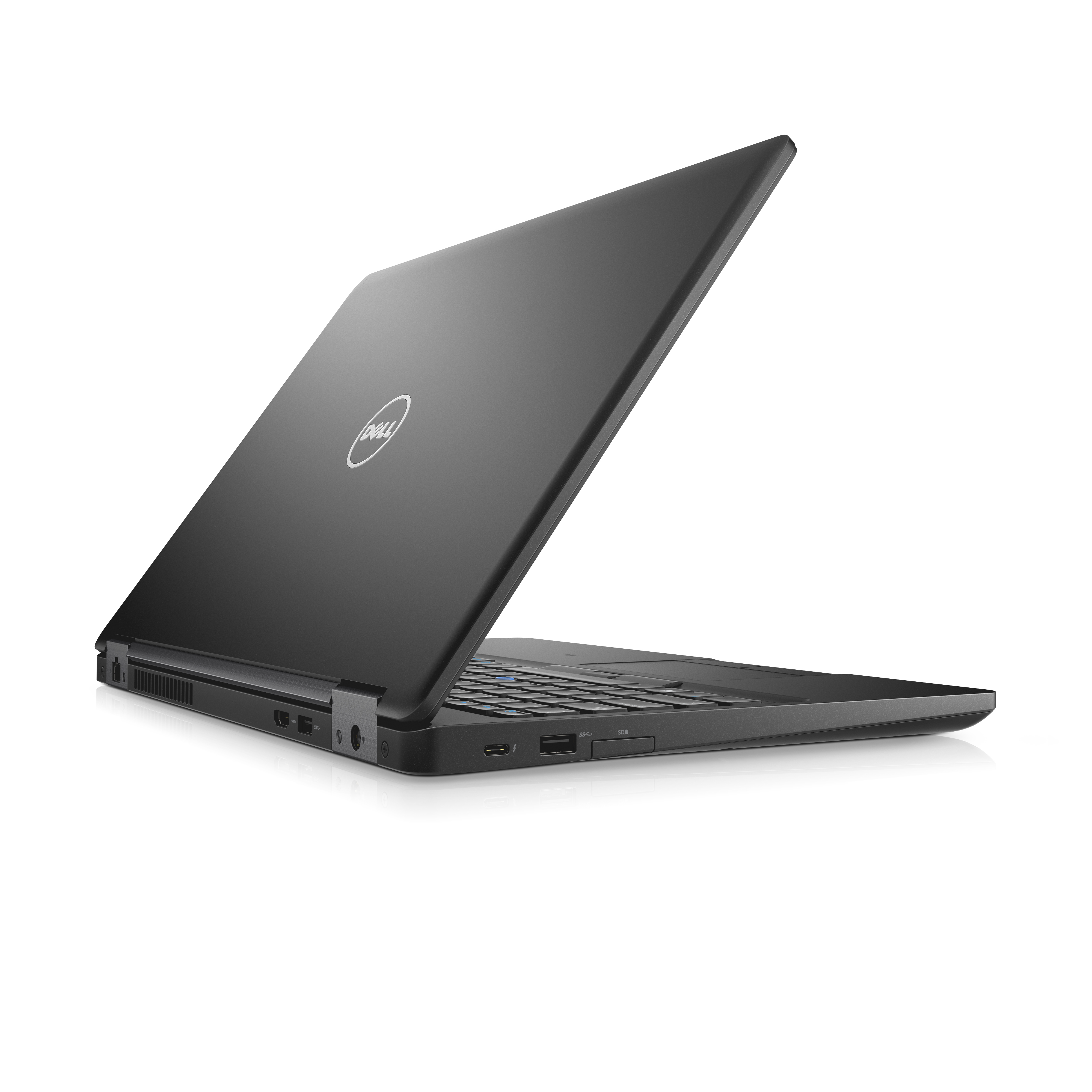 Laptop Dell nero, aperto, che mostra tastiera e porte. Logo Dell. Sfondo bianco.