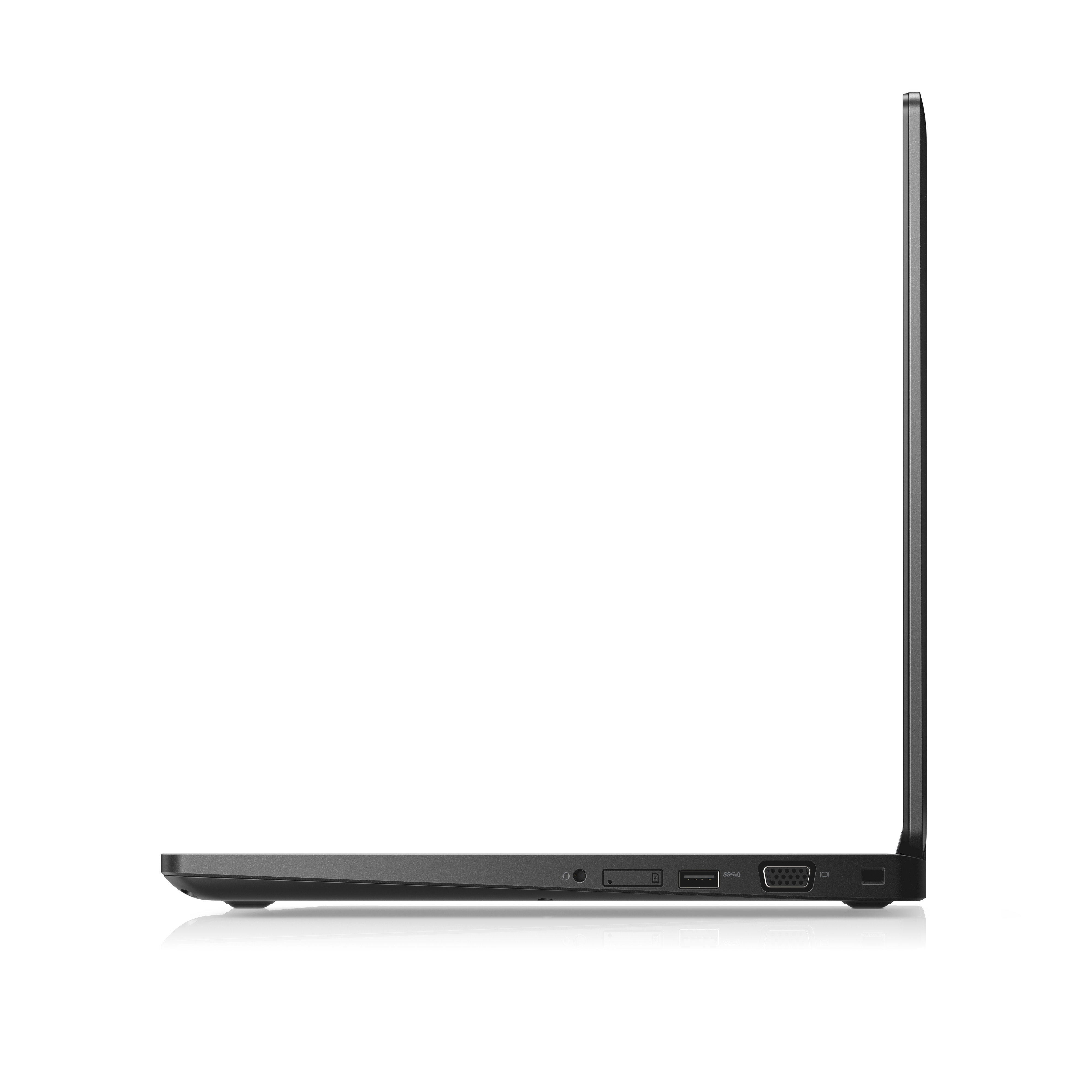 Un laptop nero di lato, che mostra il suo profilo contro uno sfondo bianco.