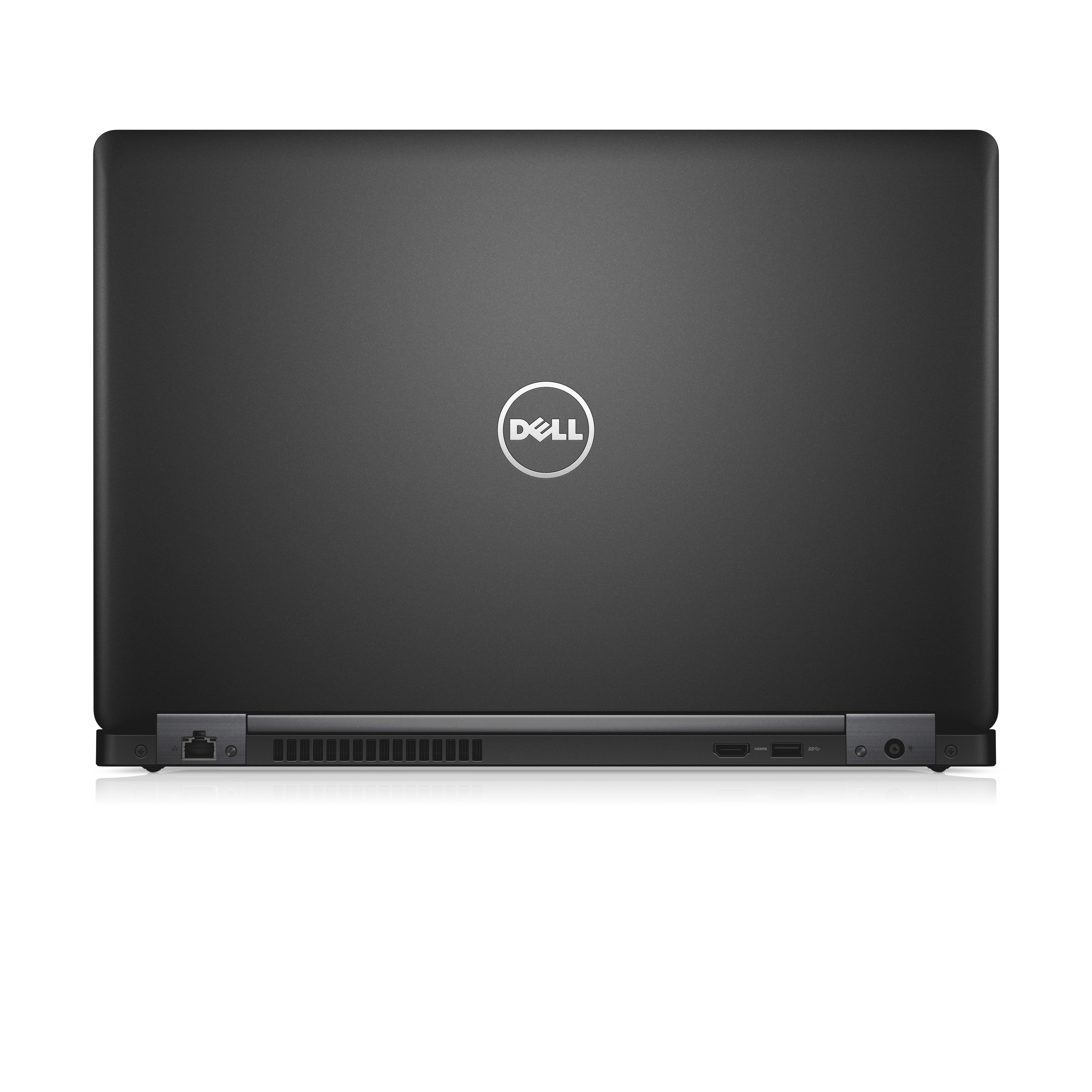 Un laptop nero chiuso con il logo Dell sul coperchio su sfondo bianco.