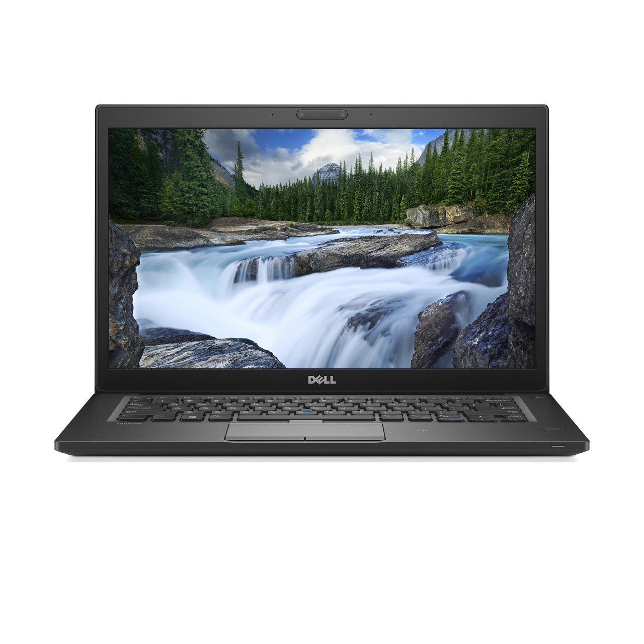 Un laptop nero con uno schermo che mostra una vista panoramica di una cascata e della natura.