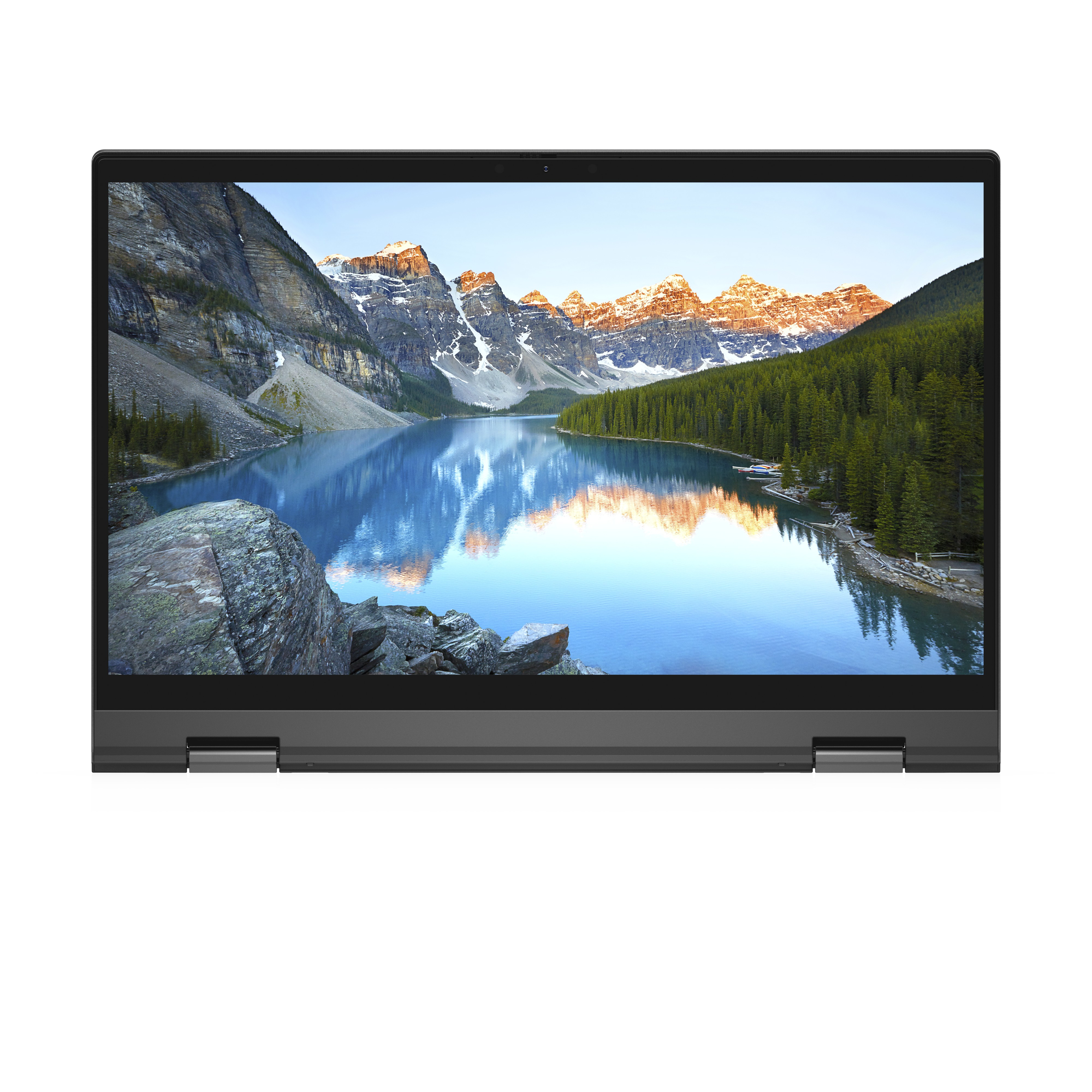 Lo schermo del laptop mostra un lago con montagne e alberi. Sfondo bianco. Lo schermo è aperto.