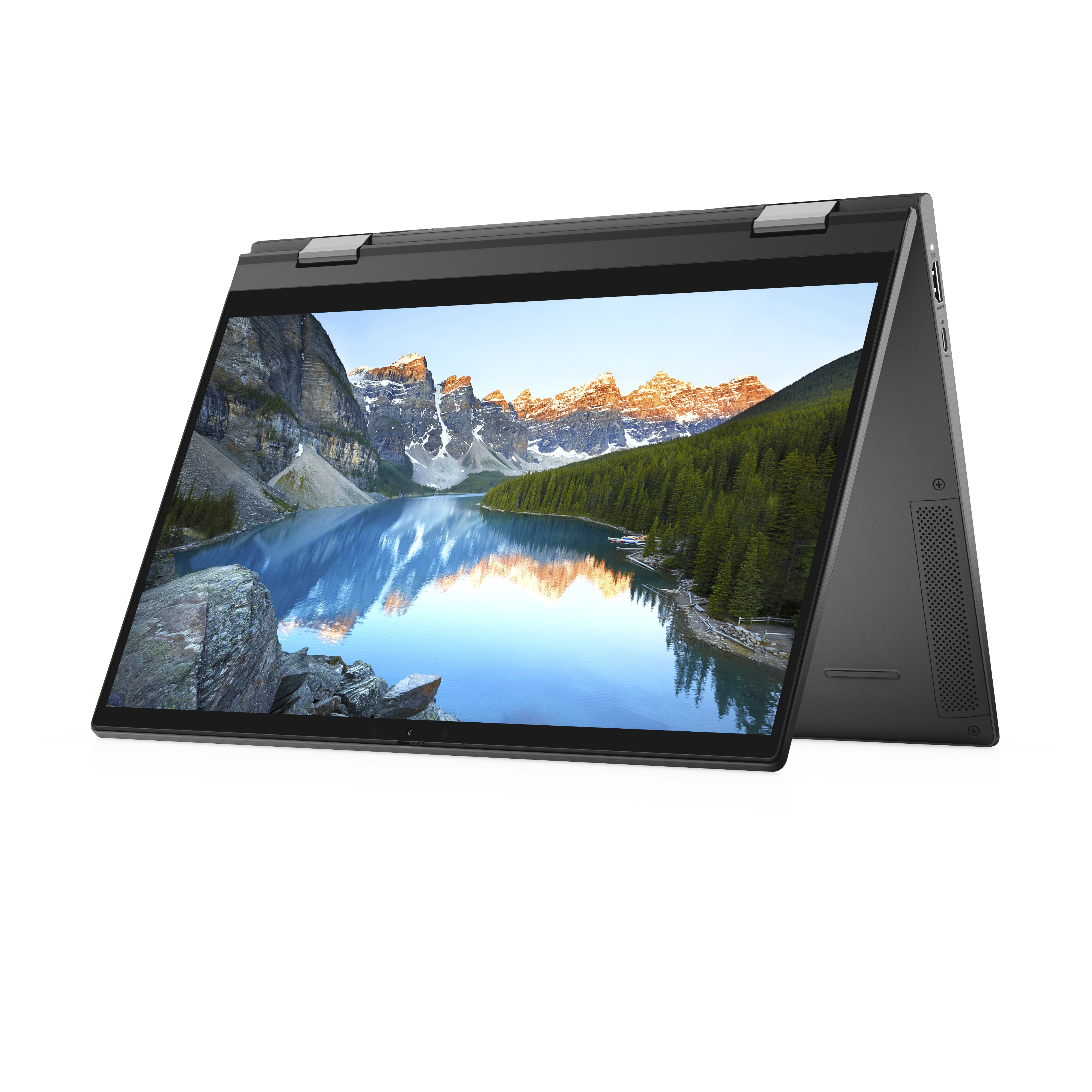 Un laptop nero con uno schermo che mostra un lago e montagne.