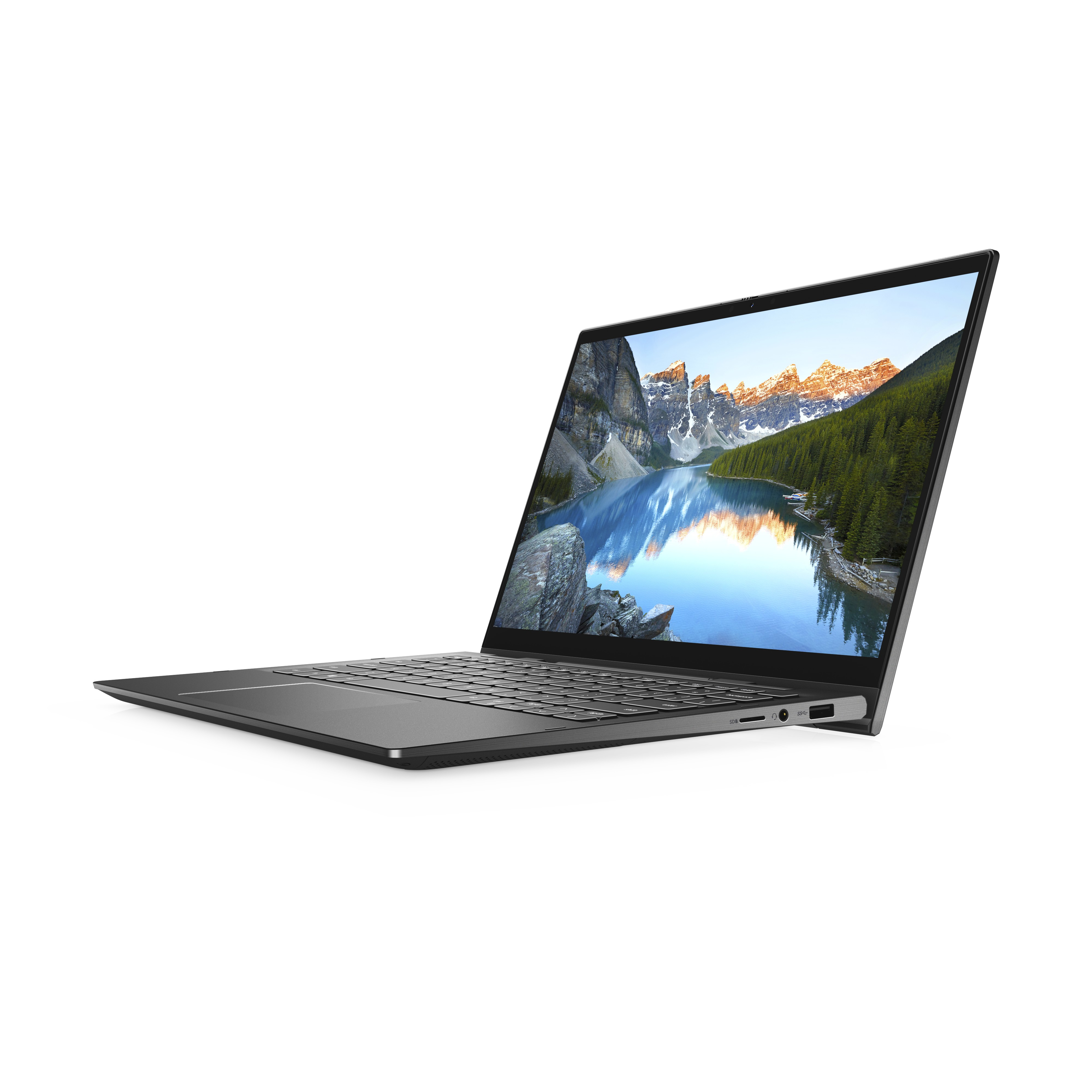 Laptop aperto, vista angolata, scena di montagna sullo schermo. Sfondo bianco.
