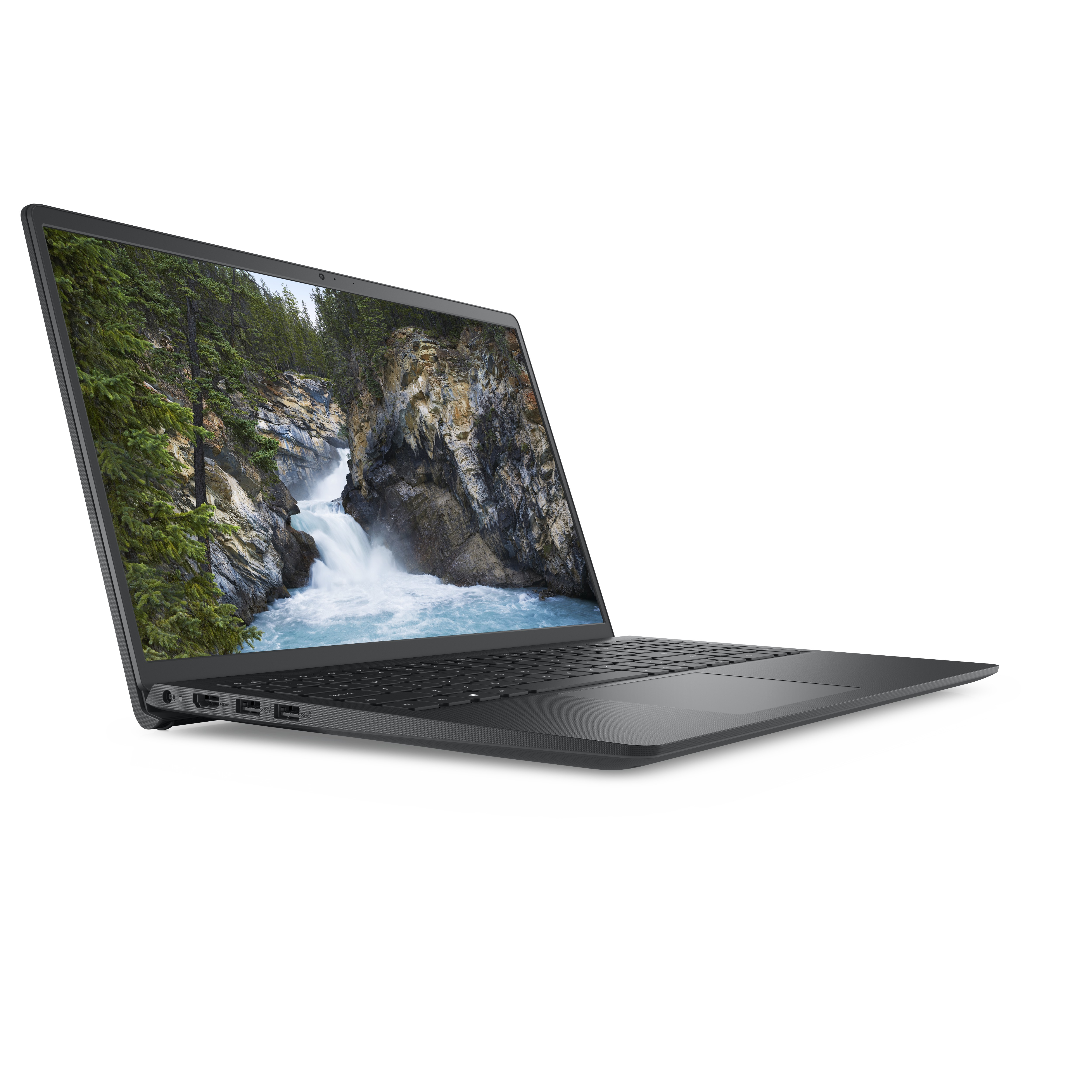 Laptop Dell, vista angolata, sfondo bianco. Lo schermo mostra una cascata.
