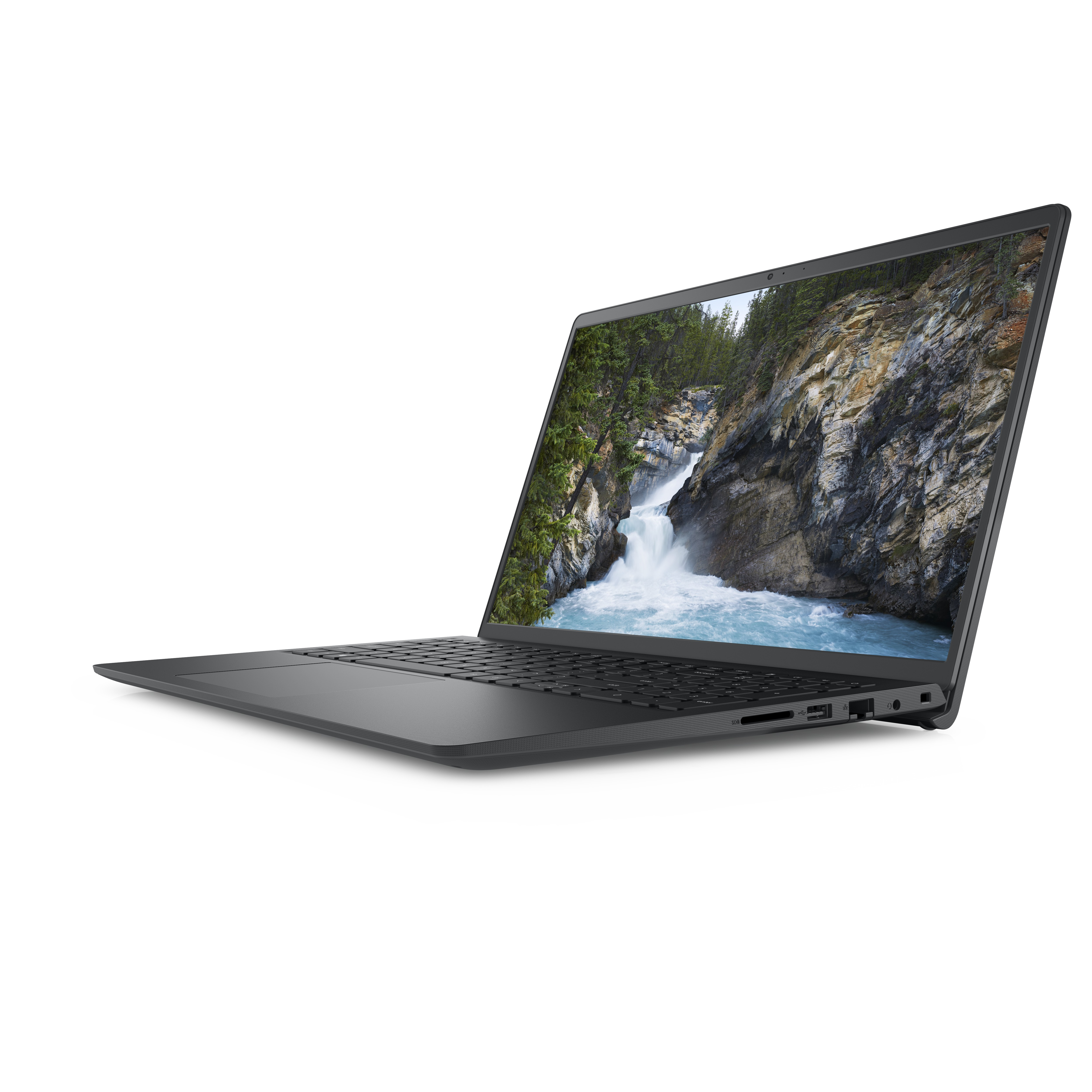 Laptop Dell nero su bianco, mostra scena di cascata sullo schermo, aperto ad angolo.