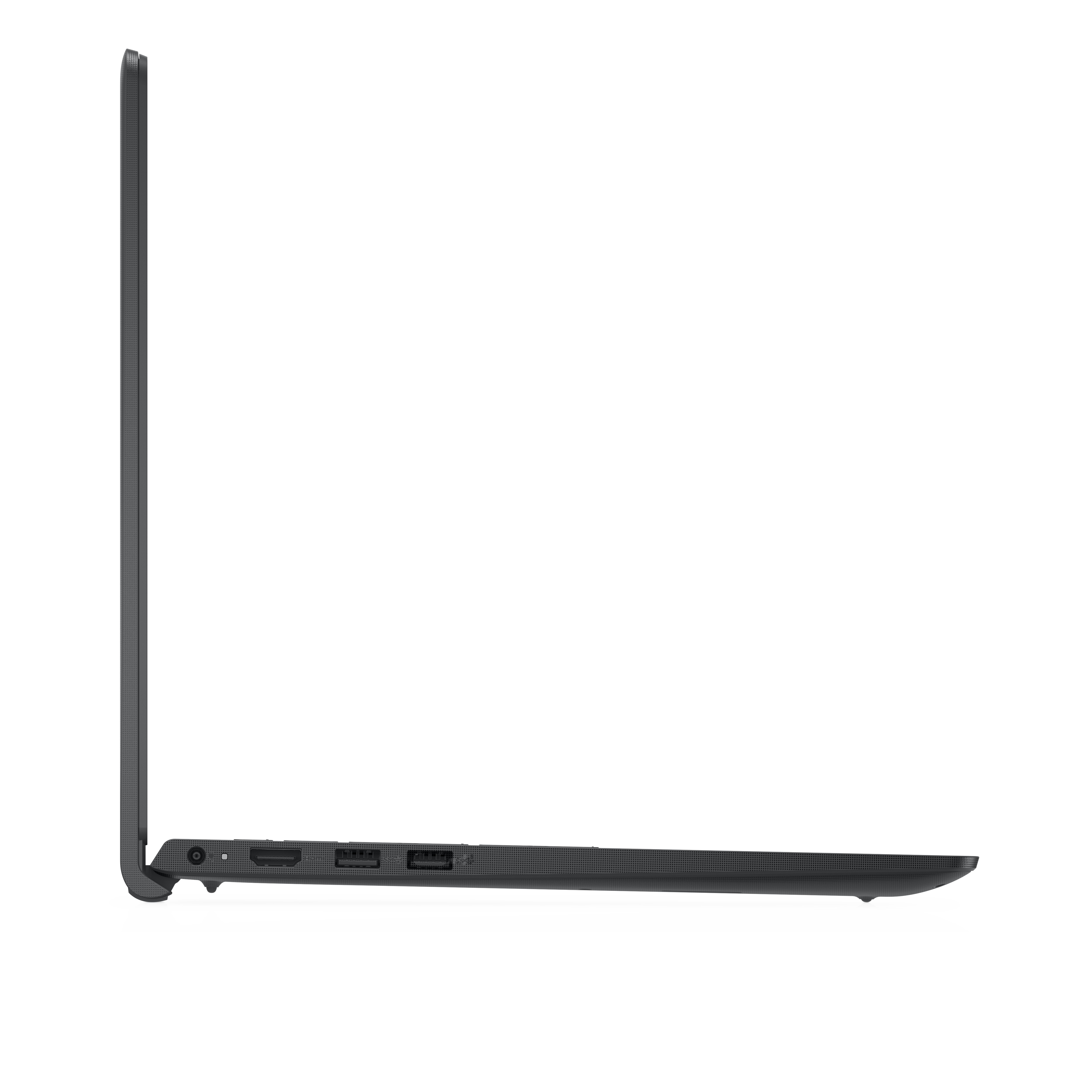 Laptop nero, vista laterale, chiuso, con porte visibili. Sfondo bianco.