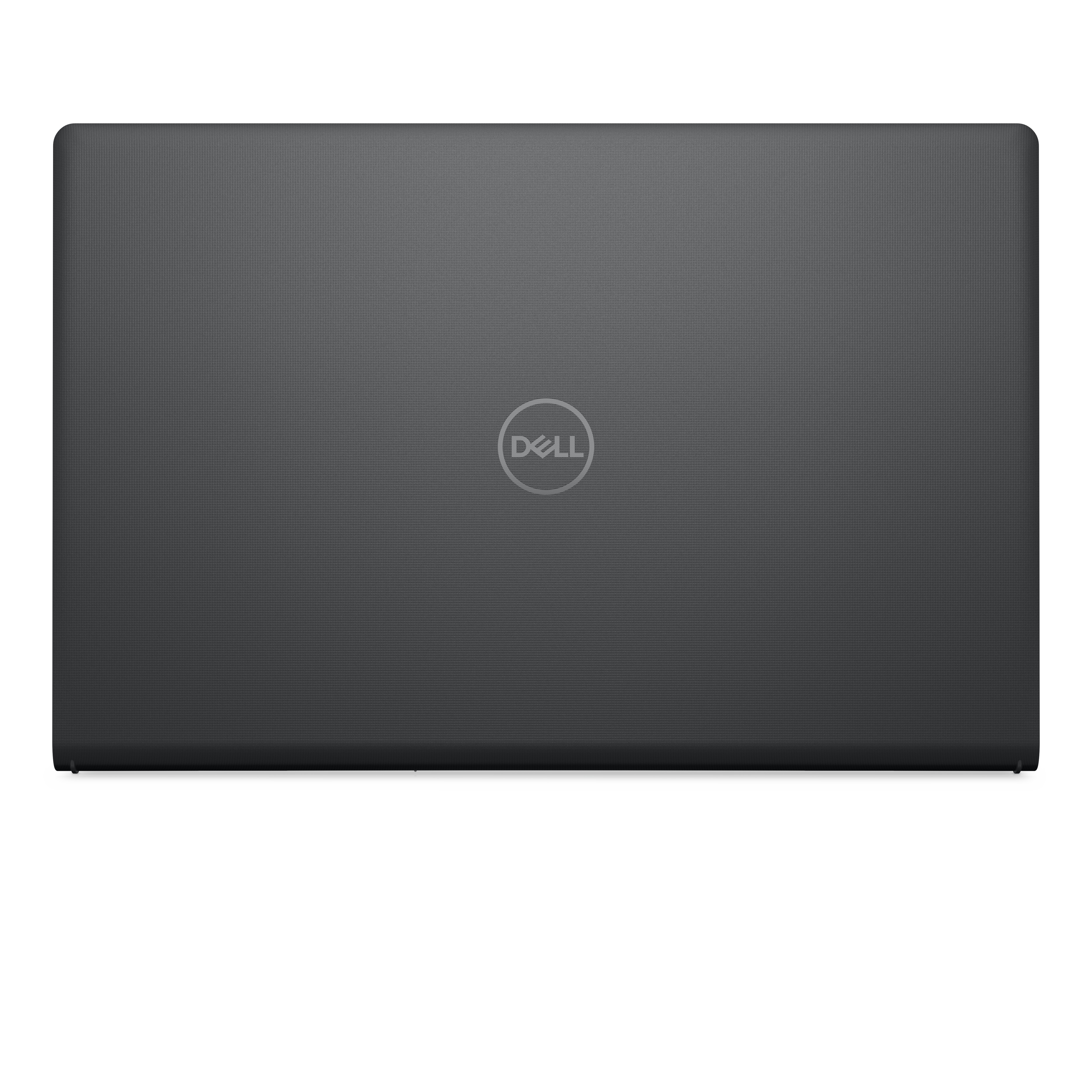 Un coperchio di laptop grigio, che mostra il logo Dell al centro.