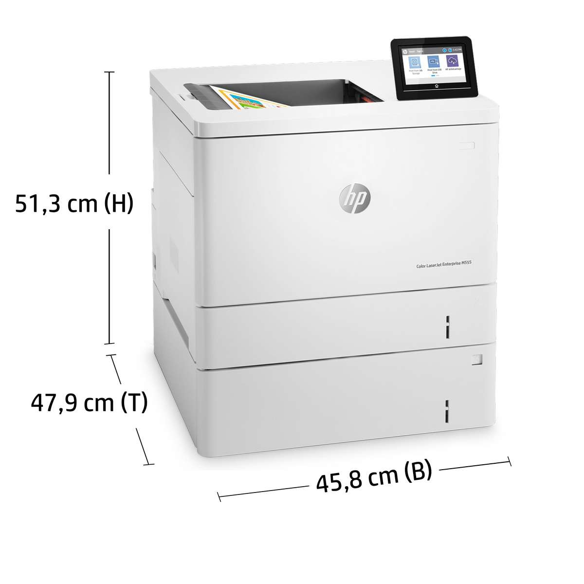 White HP printer with dimensions labeled. A screen on top. Text: Color Laserjet Enterprise M555.
