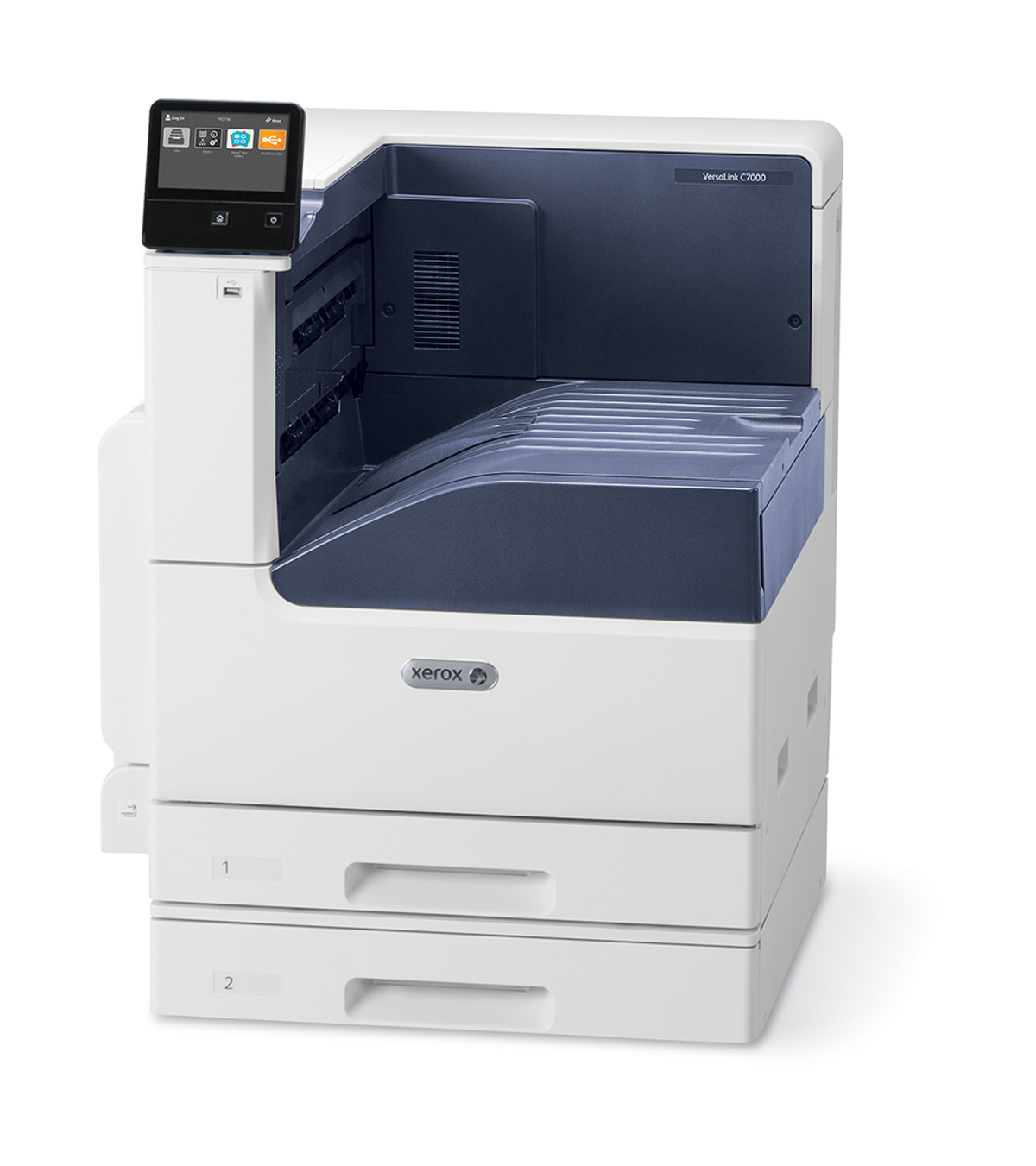 Une imprimante Xerox blanche avec deux bacs à papier et un panneau de contrôle tactile.