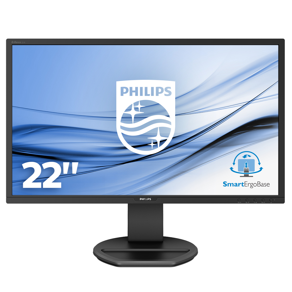 Monitor Philips da 22 pollici. Ha una base e una cornice nere. Lo schermo mostra il logo Philips.