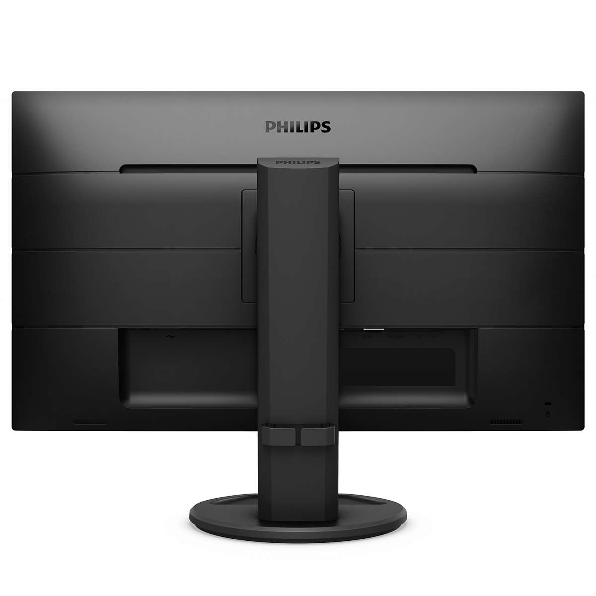 Retro di un monitor nero con supporto. Il logo Philips è in alto.