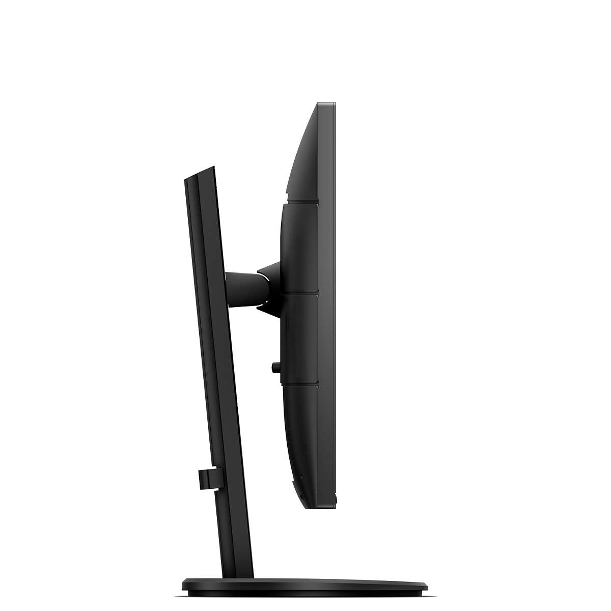 Vista laterale di un monitor nero con supporto su sfondo bianco.