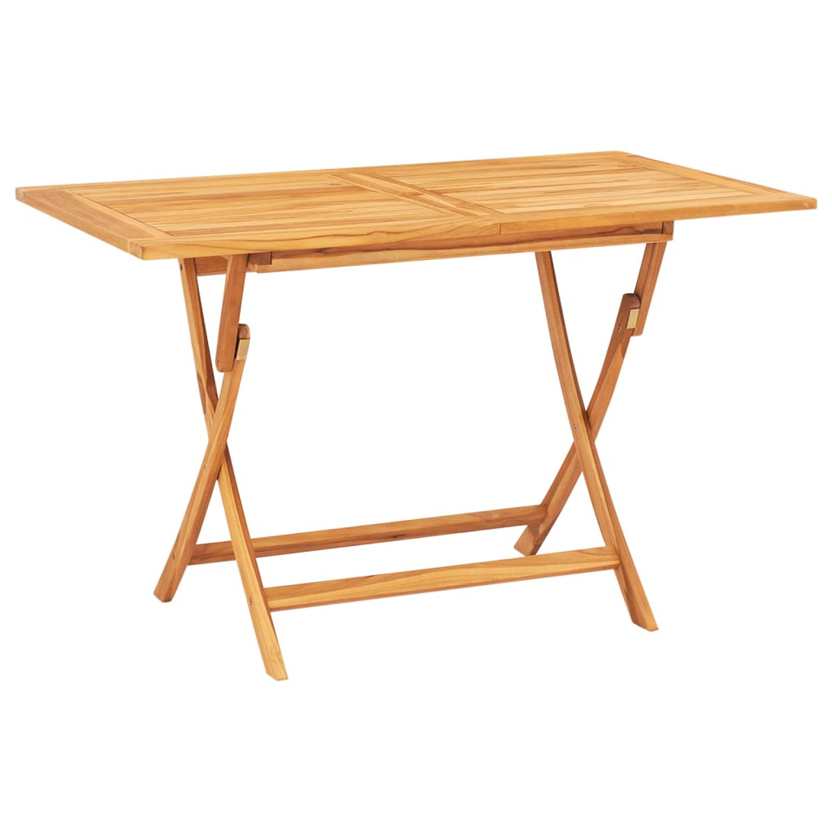 Klapptisch aus Holz. Er hat eine rechteckige Oberseite und gekreuzte Beine.