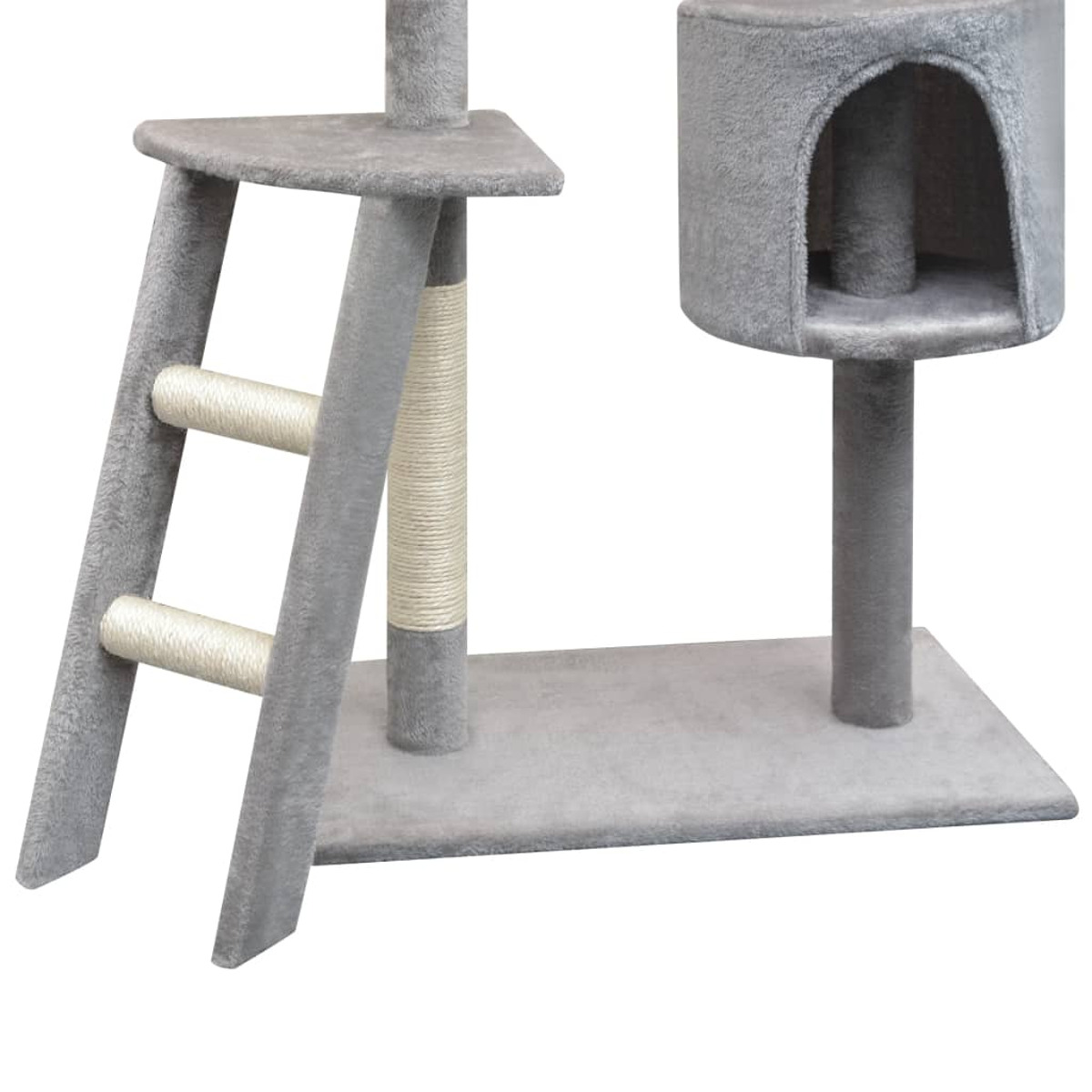 Ein Katzenbaum mit mehreren Plattformen, einer Leiter und einem Katzenhaus oben.