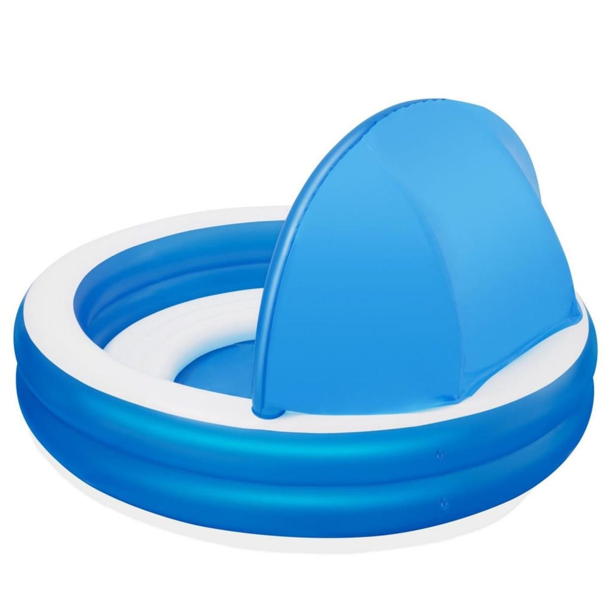 Una piscina inflable para bebés azul y blanca con una sombrilla azul, sobre un fondo blanco.