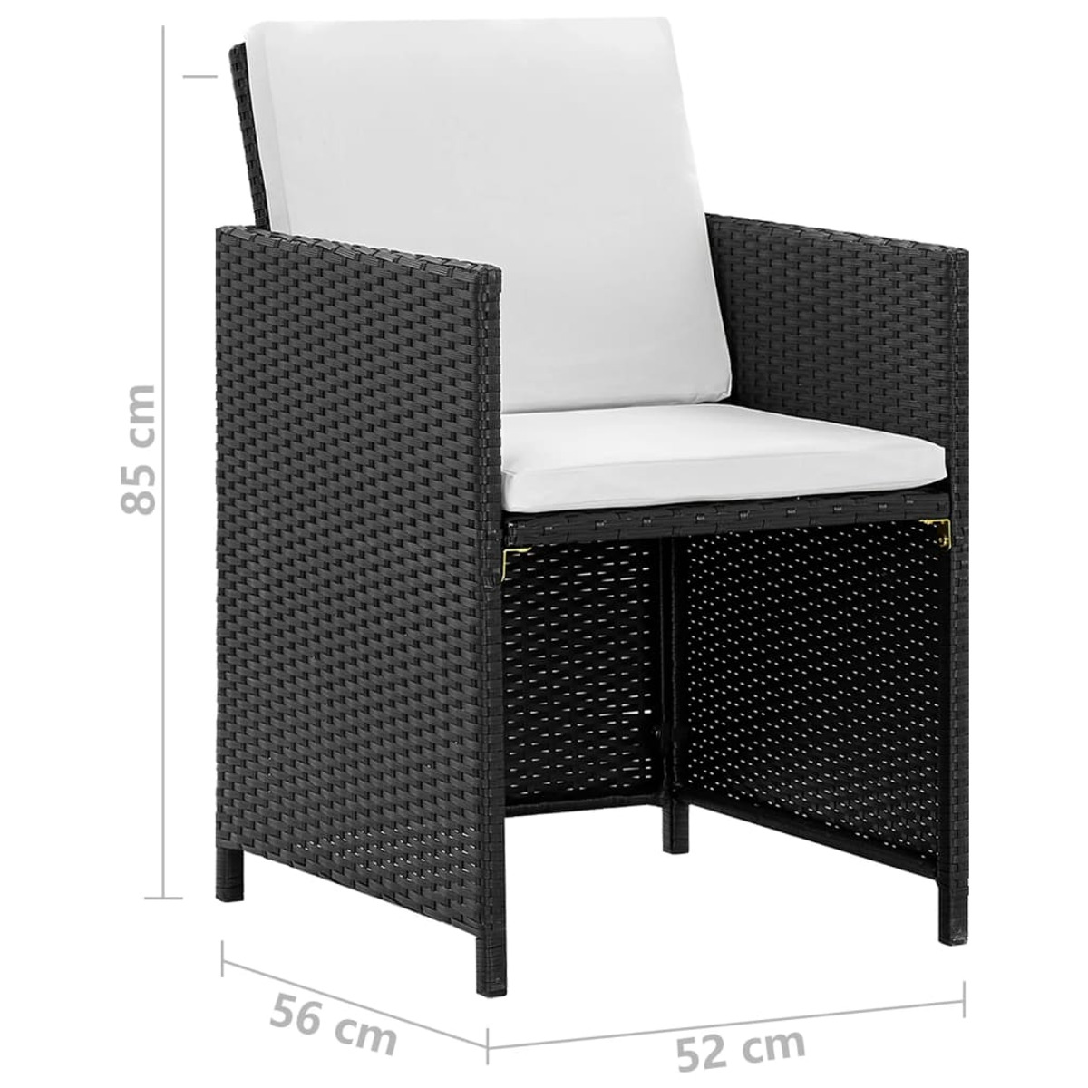 Korbstuhl mit weißem Kissen. Die Abmessungen sind 85 cm hoch, 56 cm breit und 52 cm tief.